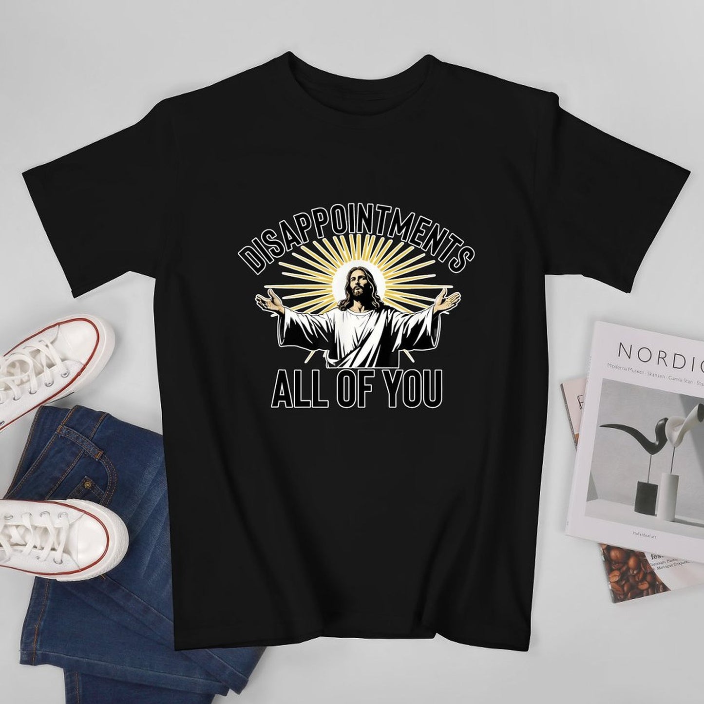 Inkmay Casual Cotton T-shirt Jesus With Open Arms Radiating Light Unisex T-shirtPrinting Shrink-Resistant T-Shirt