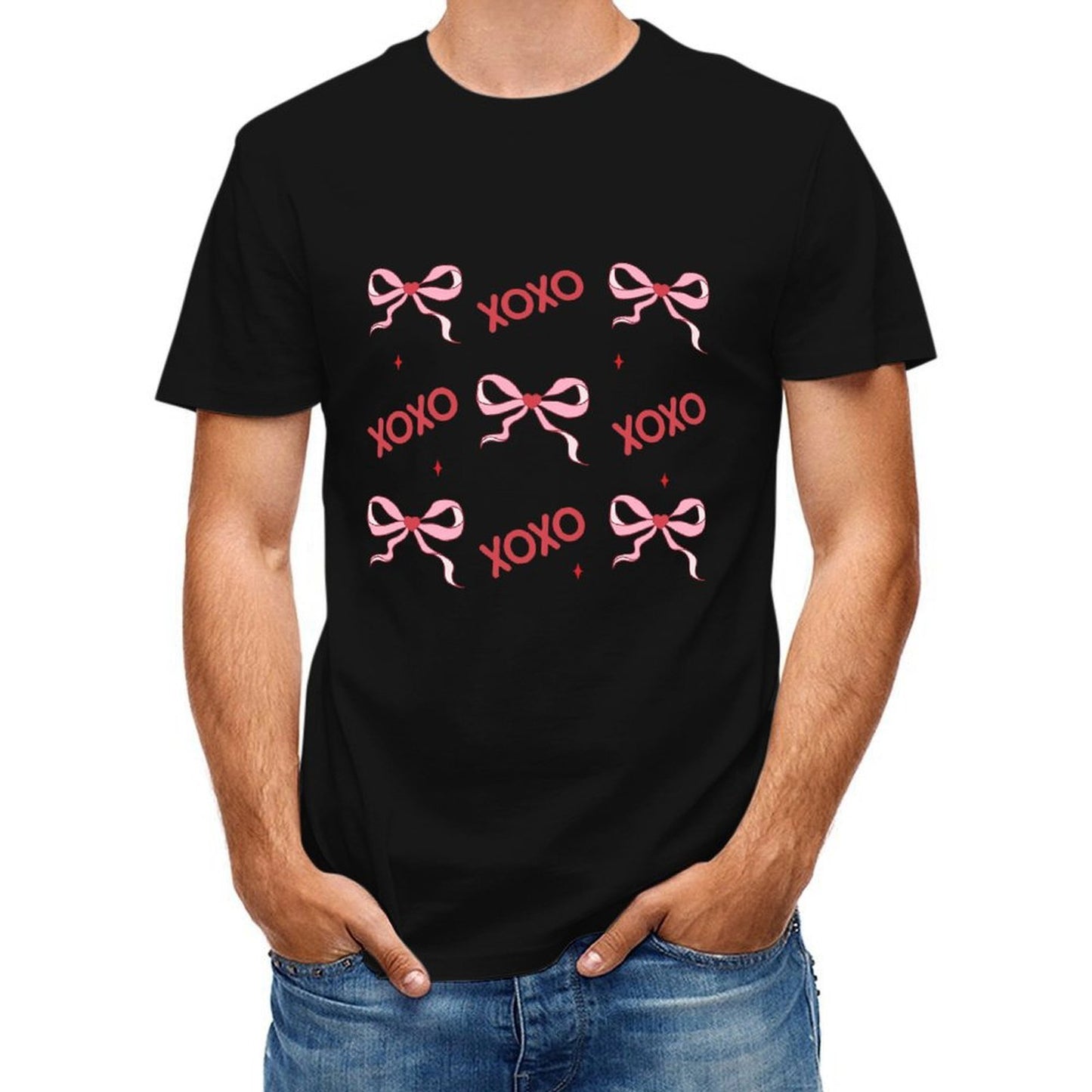 Inkmay Casual Cotton T-shirt Red Background With Pink Bows Hearts Unisex T-shirtMen¡¯s / Women¡¯s / Youth EverydayComfort T-Shirt