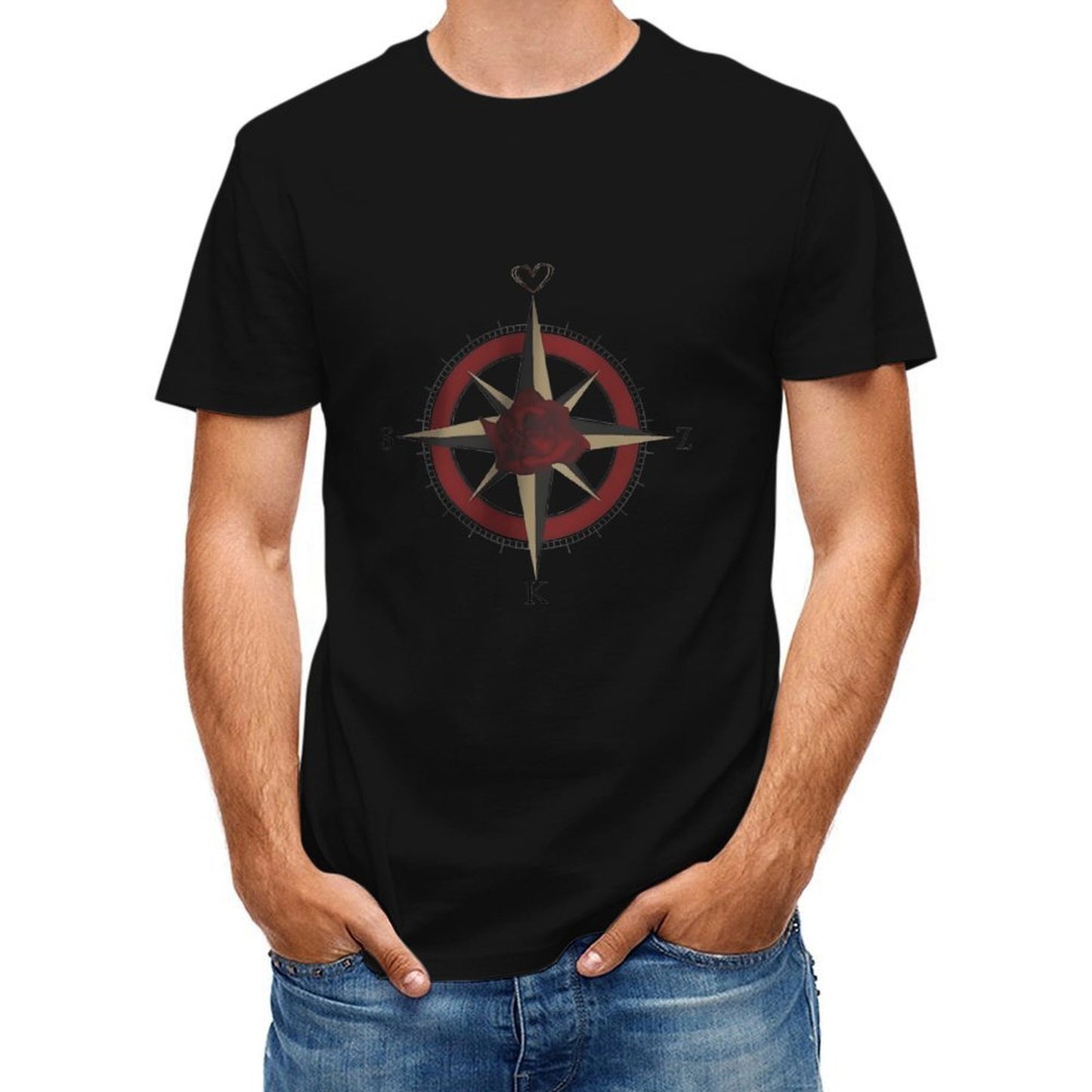 Inkmay Casual Cotton T-shirt Rose Compass Design With Heart Elements Unisex T-shirtFitted Natural T-Shirt