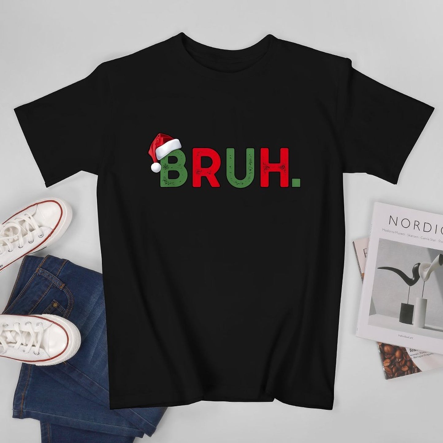 Inkmay Casual Cotton T-shirt Christmas Themed Bruh Text With Snowflakes Unisex T-shirtFade-Proof Refined T-Shirt
