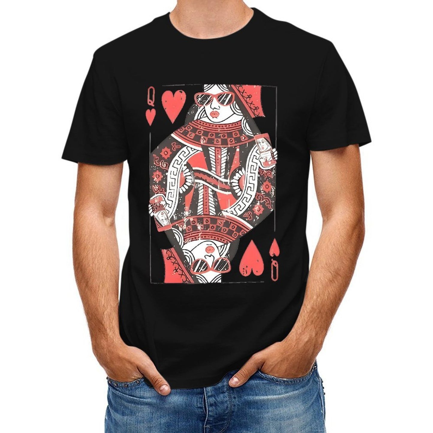 Inkmay Casual Cotton T-shirt Queen Of Hearts Playing Card Design Unisex T-shirtTear-Resistant EasyWear T-Shirt