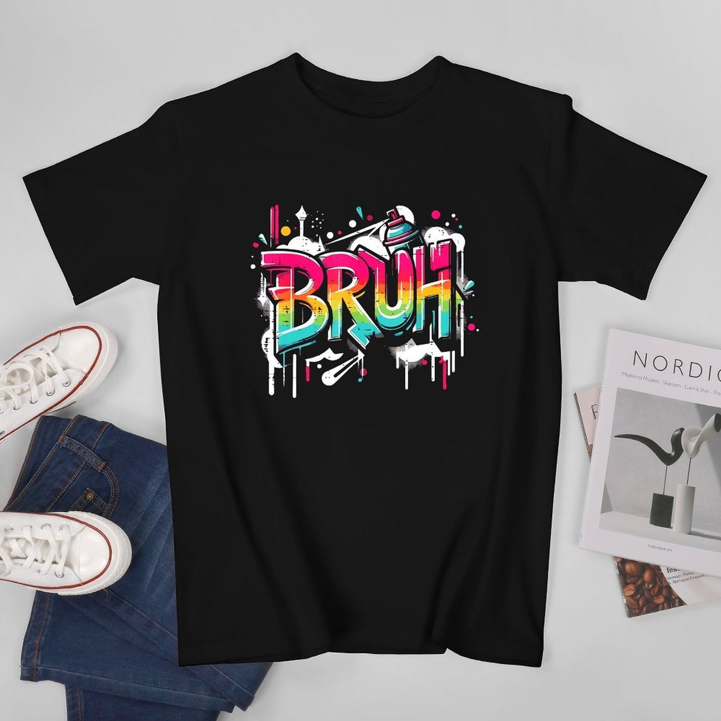 Inkmay Casual Cotton T-shirt Colorful Graffiti Style Bruh Text Art Unisex T-shirtPrint-Ready Relaxed T-Shirt