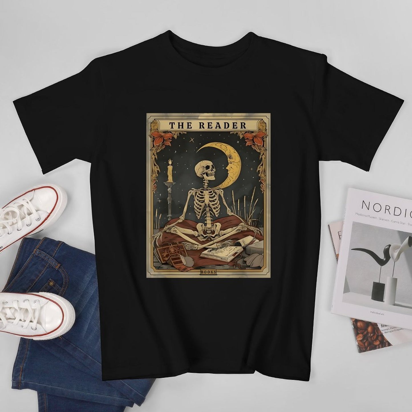 Inkmay Casual Cotton T-shirt The Reader Skeleton With Crescent Moon Unisex T-shirtSimpleFit RelaxFit T-Shirt