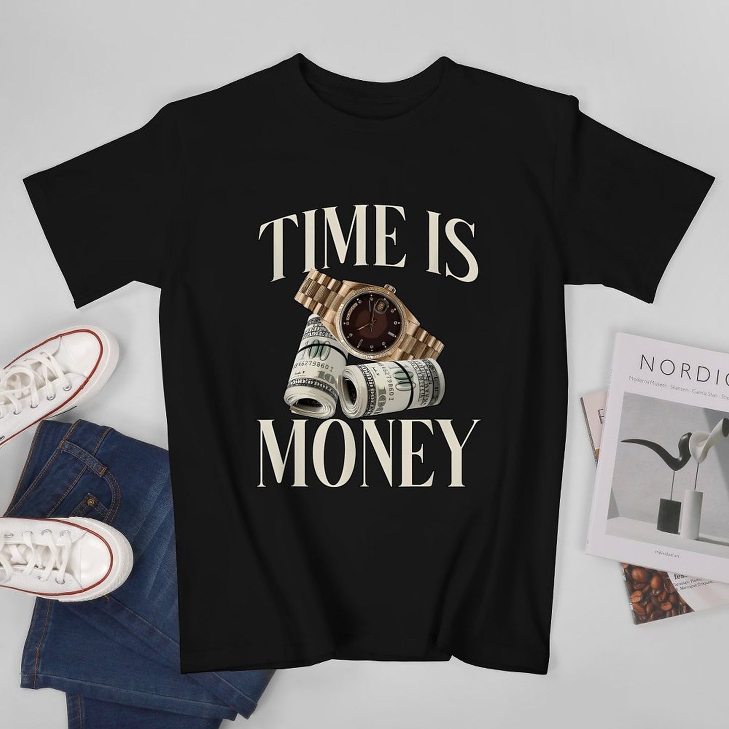 Inkmay Casual Cotton T-shirt Time Is Money Watch And Dollars Unisex T-shirtRetro Original T-Shirt