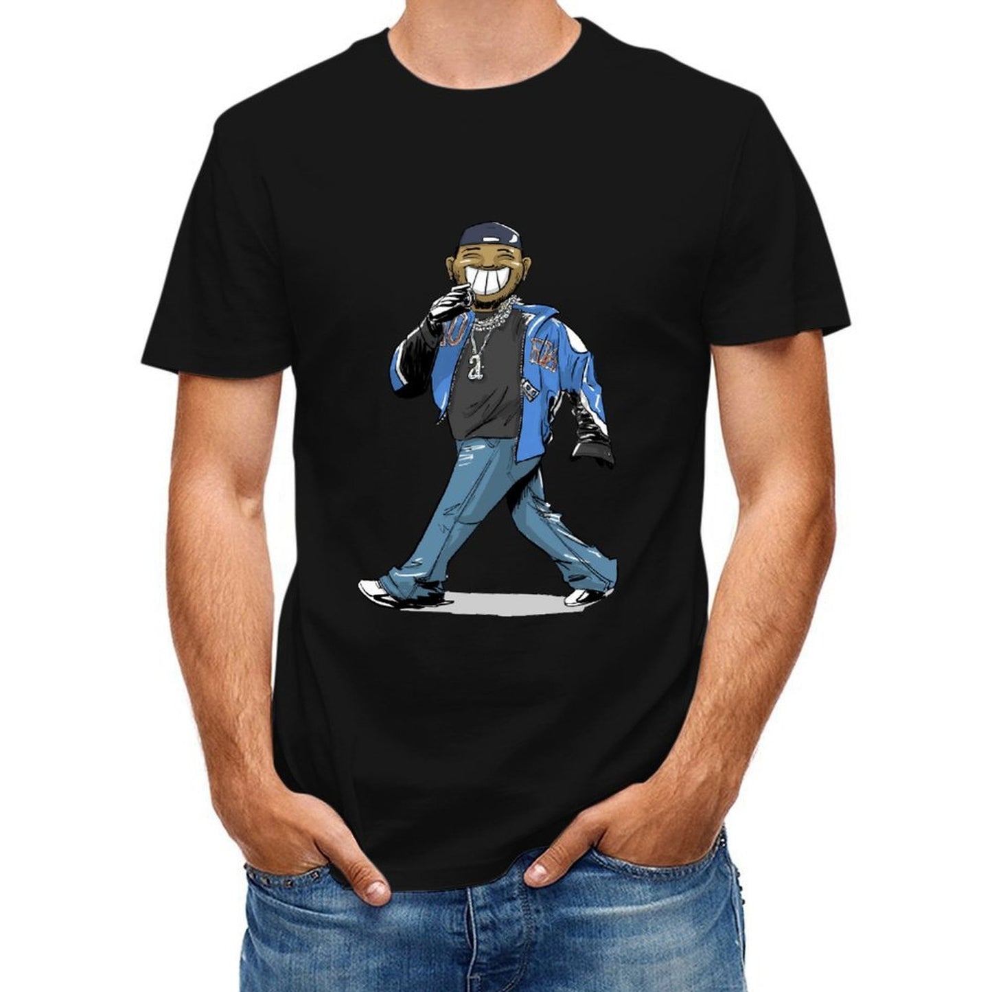Inkmay Casual Cotton T-shirt Cartoon Character Wearing Blue Jacket Pants Unisex T-shirtStreet Fitted T-Shirt