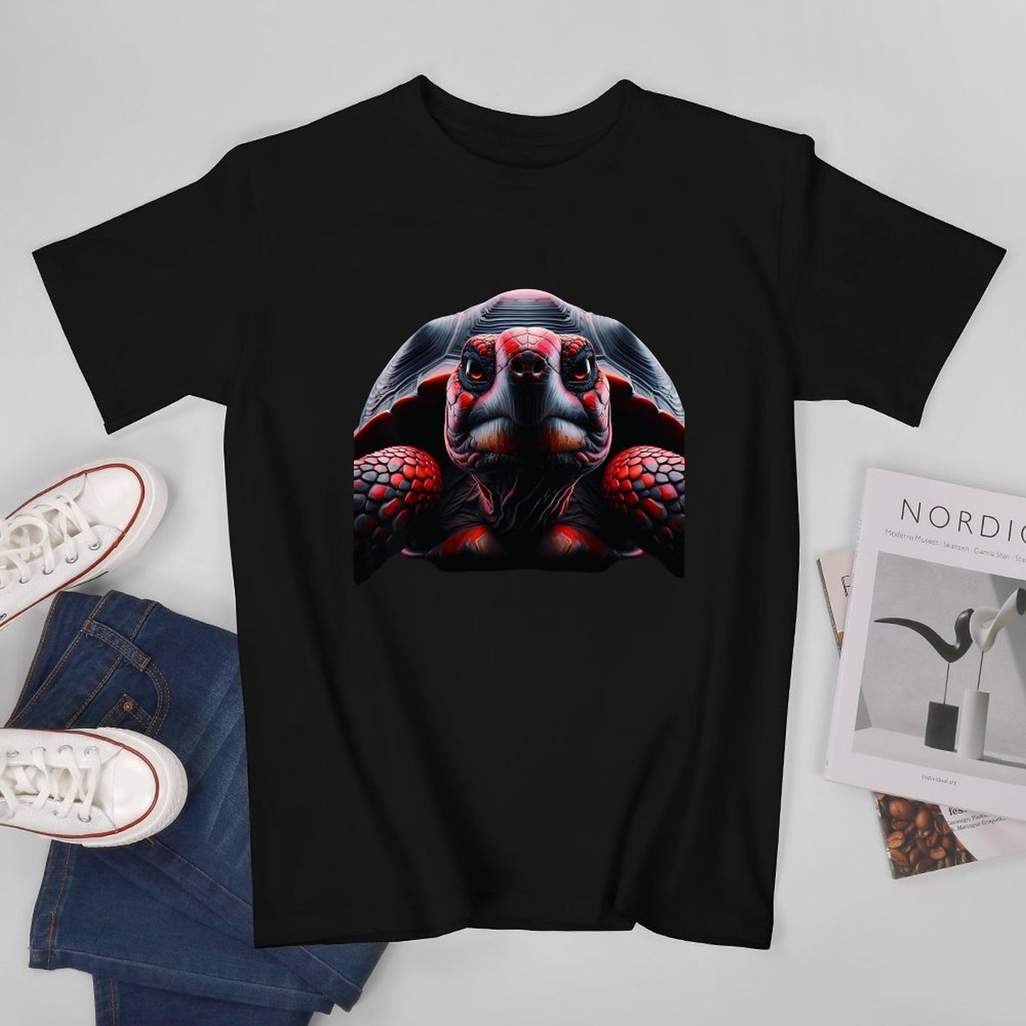 Inkmay Casual Cotton T-shirt Red And Black Turtle Pattern Art Unisex T-shirtCotton ActiveLine T-Shirt