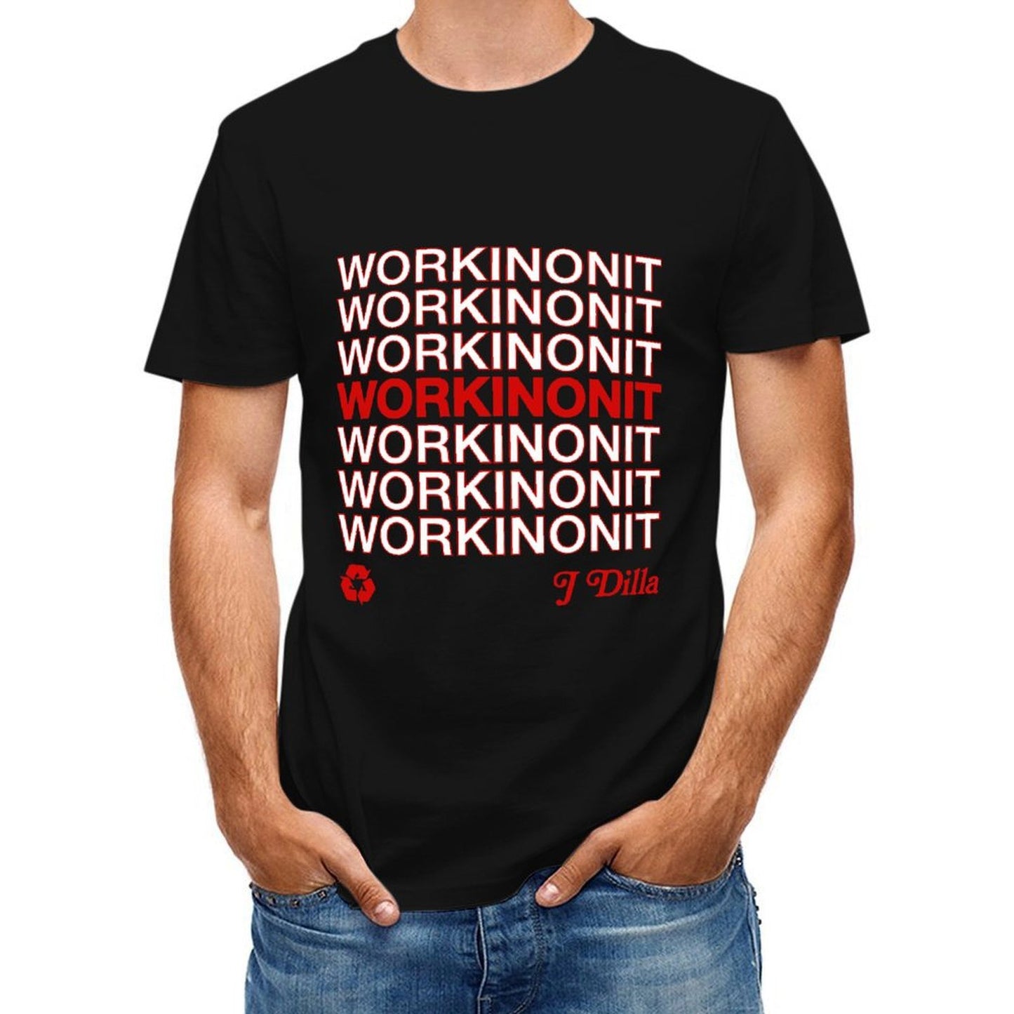 Inkmay Casual Cotton T-shirt Workinonit Pattern Printed On Red Unisex T-shirtRelaxed ClassicLine T-Shirt