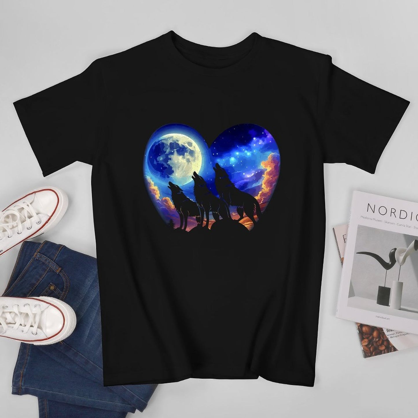 Inkmay Casual Cotton T-shirt Wolves Howling Under Moonlit Night Sky Unisex T-shirtClassicSeries Fade-Proof T-Shirt