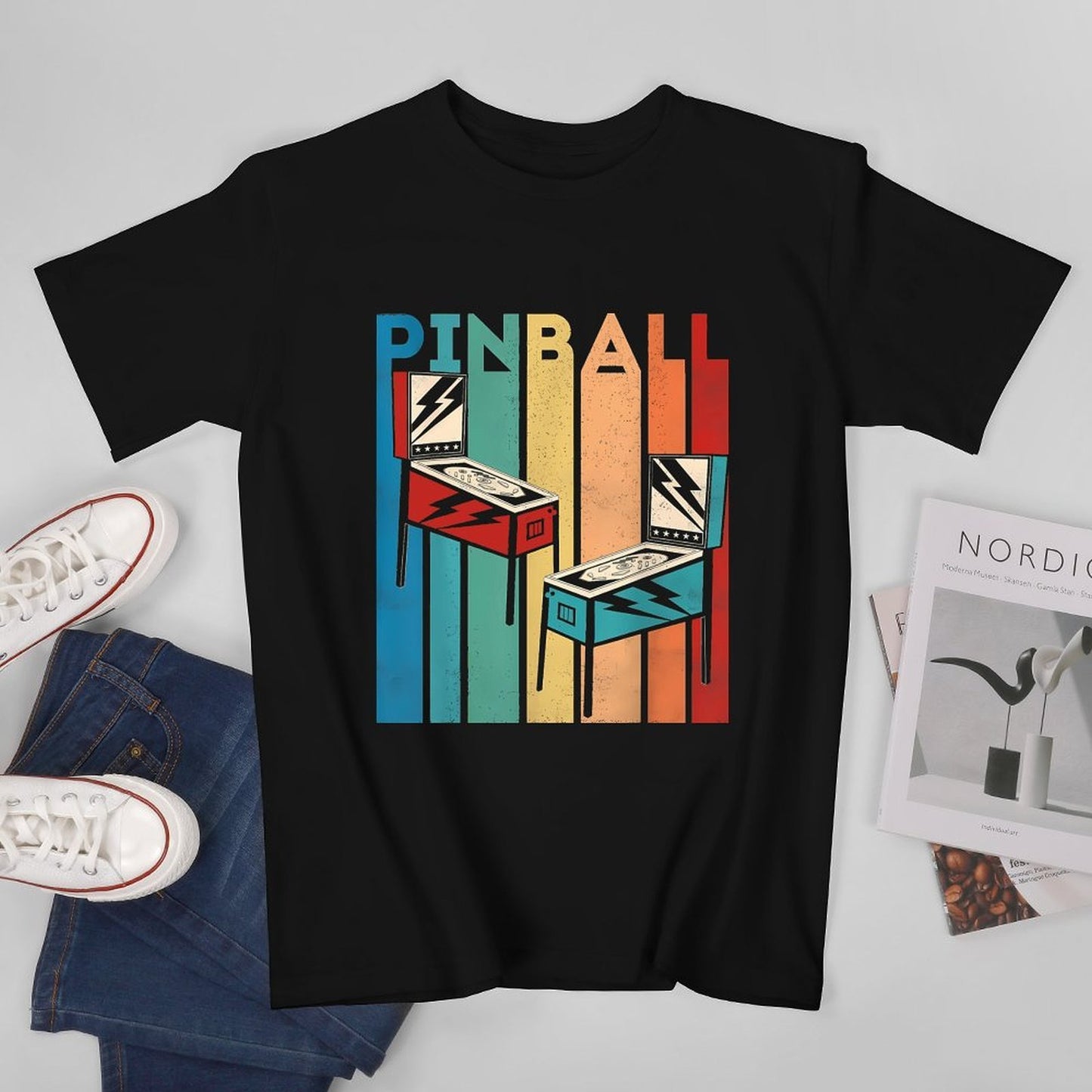 Inkmay Casual Cotton T-shirt Pinball Machines On Colorful Background Unisex T-shirtSolid On-Demand T-Shirt