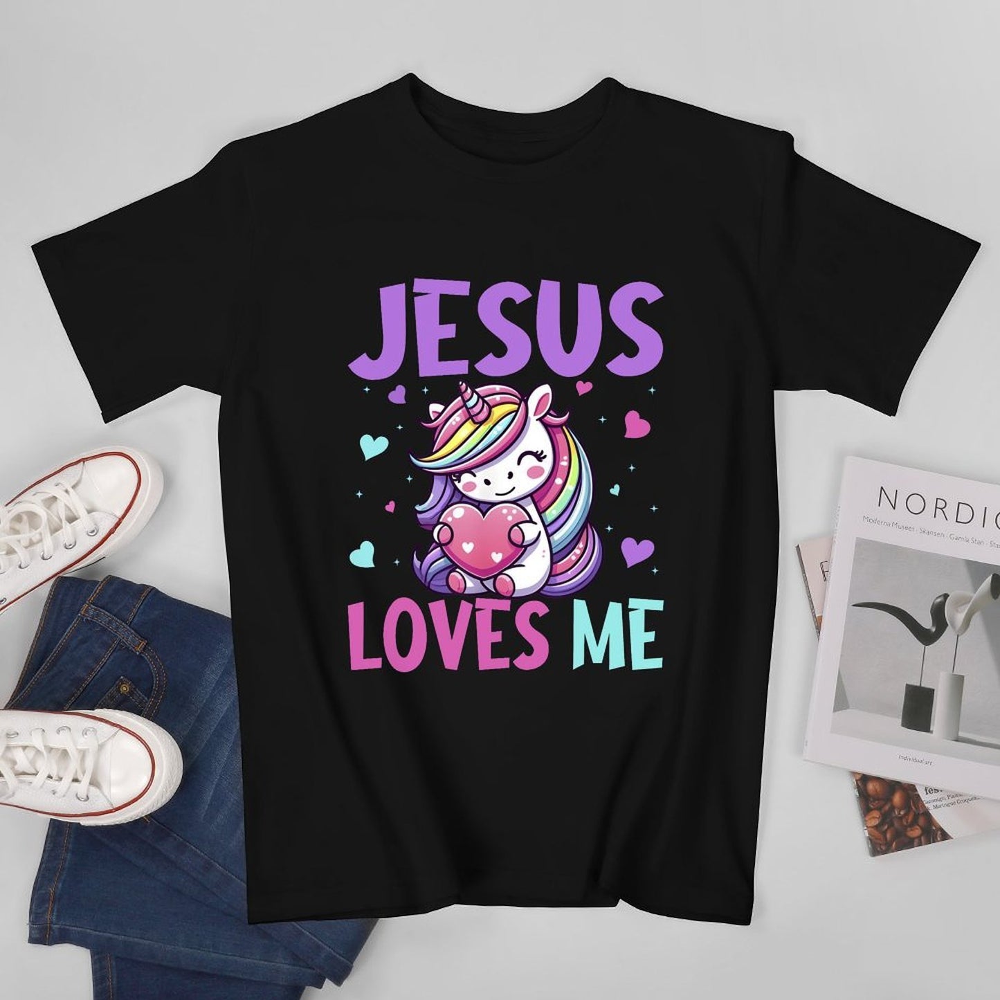 Inkmay Casual Cotton T-shirt Jesus Loves Me Rainbow Unicorn Hearts Unisex T-shirt