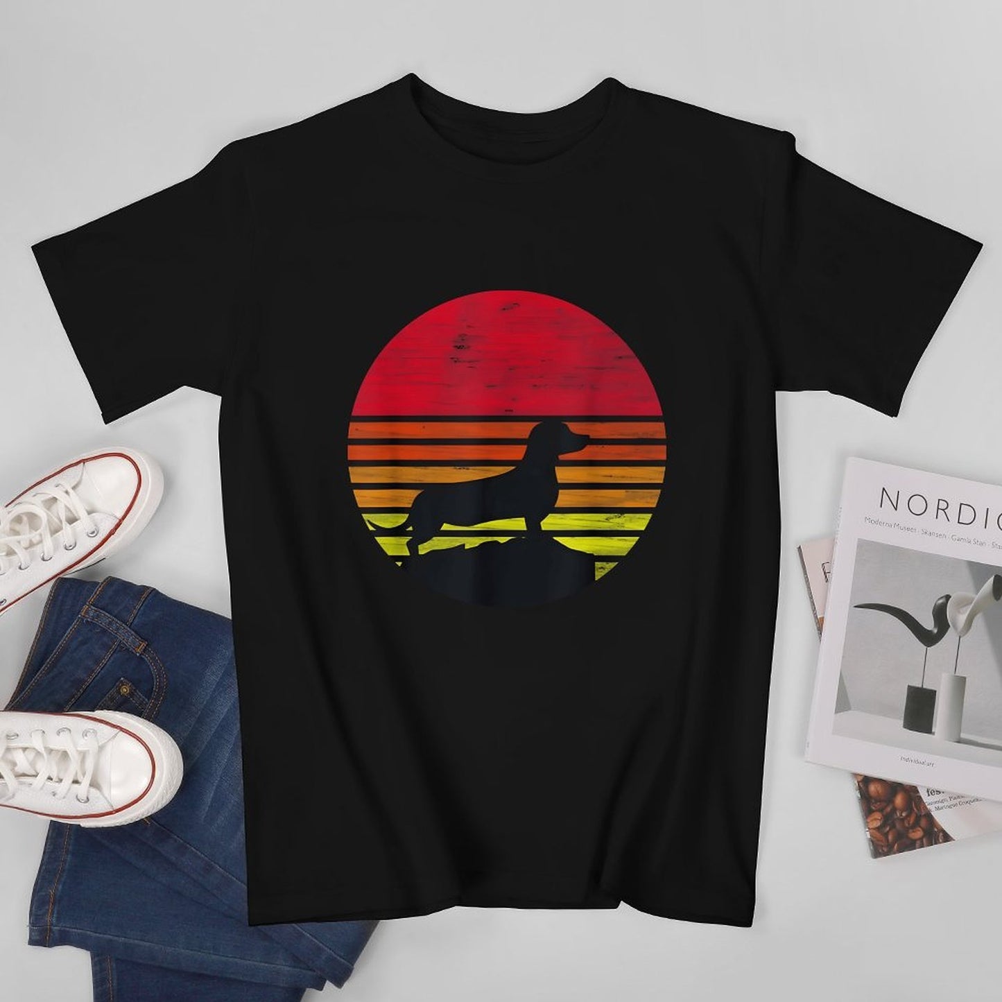 Inkmay Casual Cotton T-shirt Sunset Silhouette Dog On Beach Scene Unisex T-shirtSport Urban T-Shirt