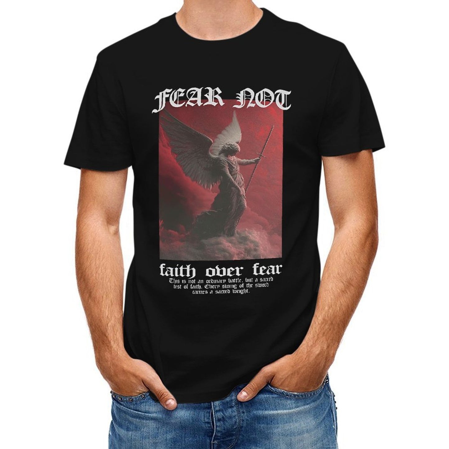 Inkmay Casual Cotton T-shirt Angel With Sword Over Clouds Unisex T-shirt