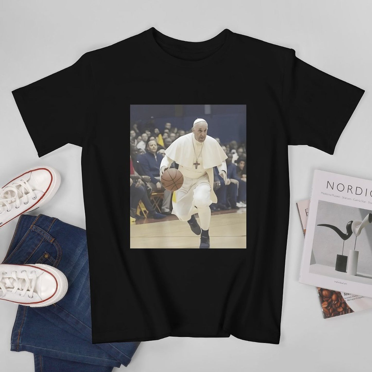 Inkmay Casual Cotton T-shirt Pope Playing Basketball In White Robes Unisex T-shirt