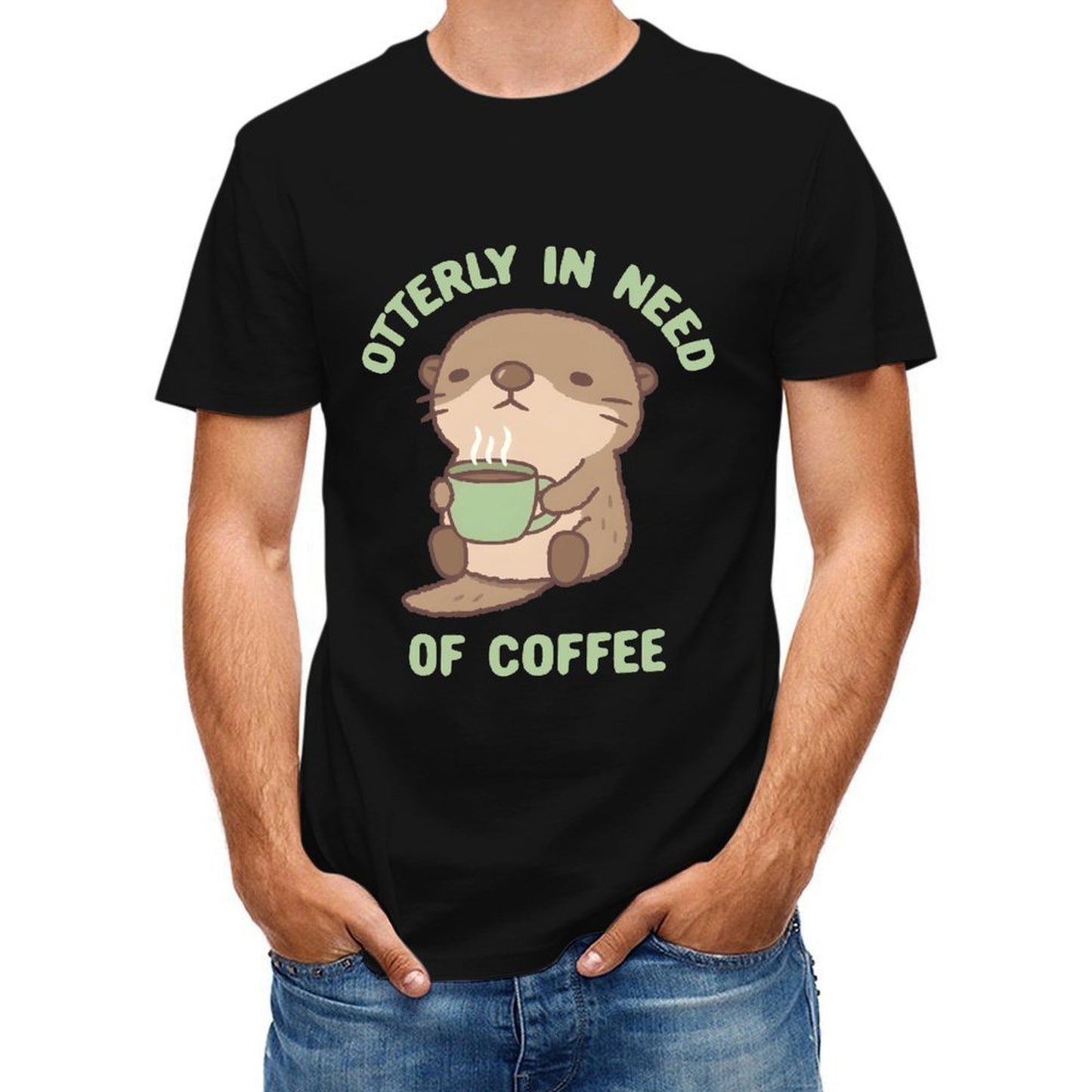 Inkmay Casual Cotton T-shirt Cute Otter Holding Green Coffee Cup Unisex T-shirtMade-to-Order Essential T-Shirt