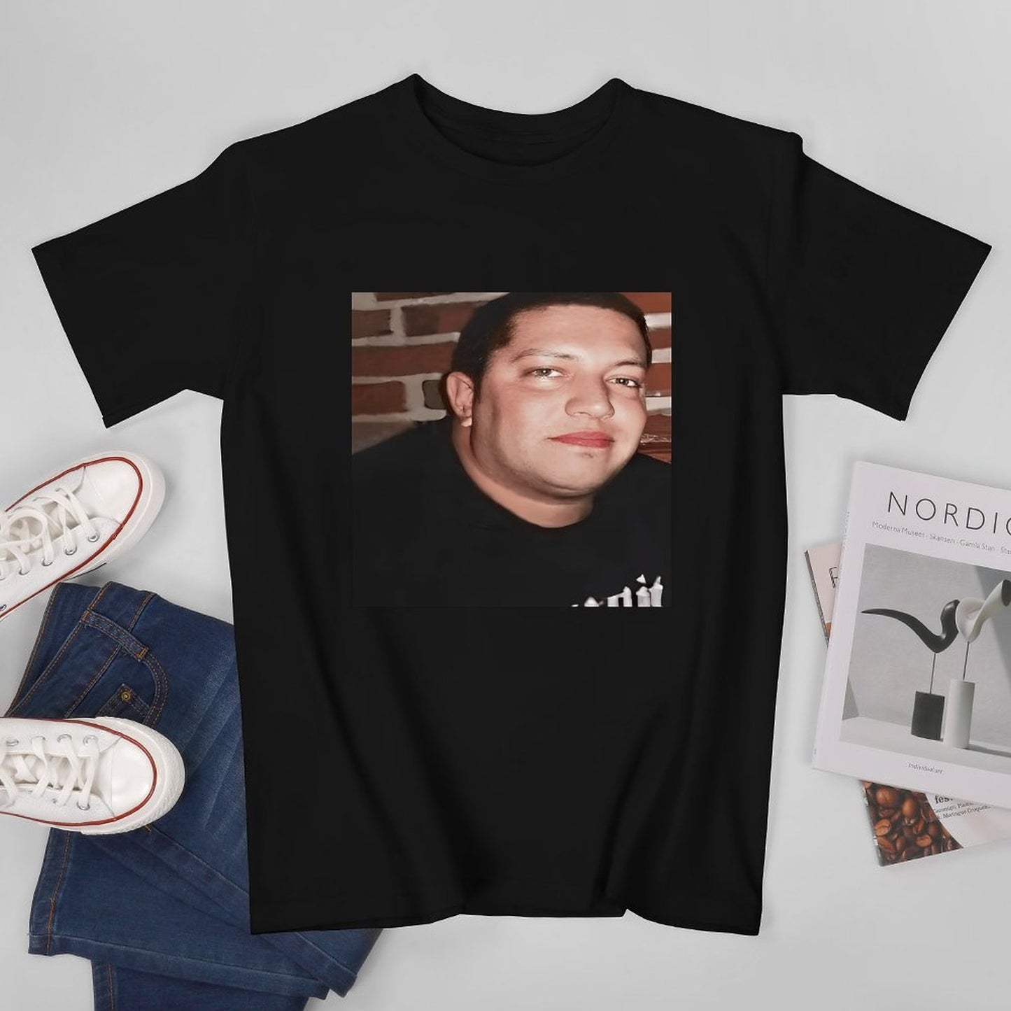Inkmay Casual Cotton T-shirt Man Wears Black Shirt Against Brick Unisex T-shirtFresh On-Demand T-Shirt