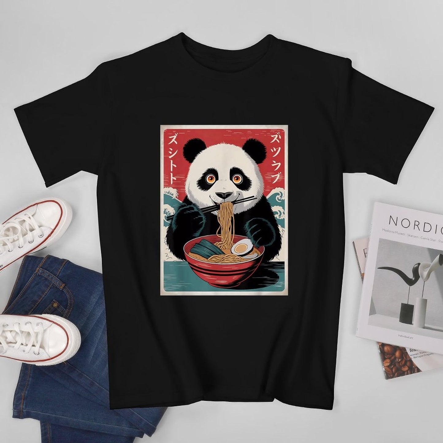 Inkmay Casual Cotton T-shirt Panda Eating Noodles With Chopsticks Art Unisex T-shirt