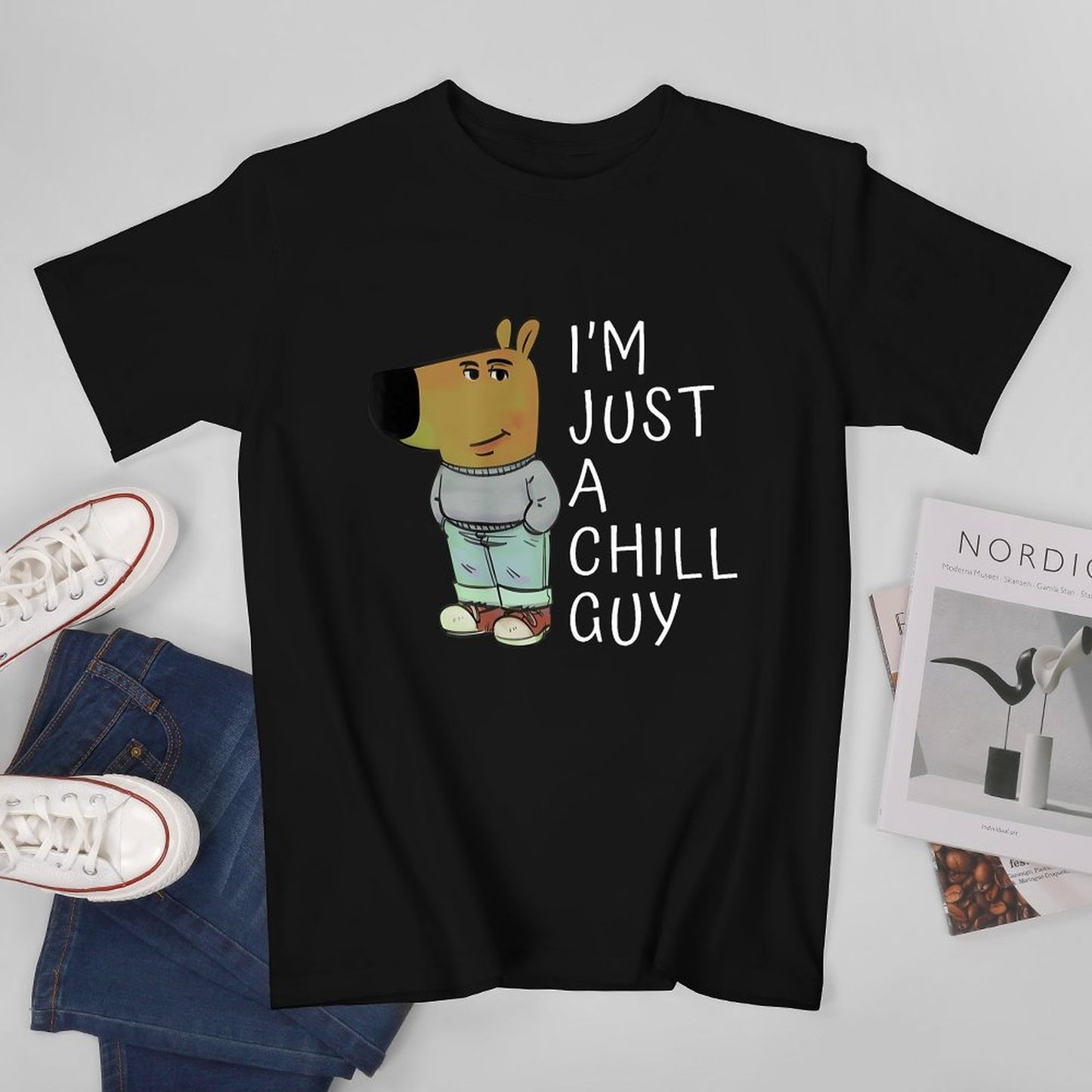 Inkmay Casual Cotton T-shirt Cartoon Character Wearing Casual Outfit Standing Unisex T-shirtFitted LooseFit T-Shirt