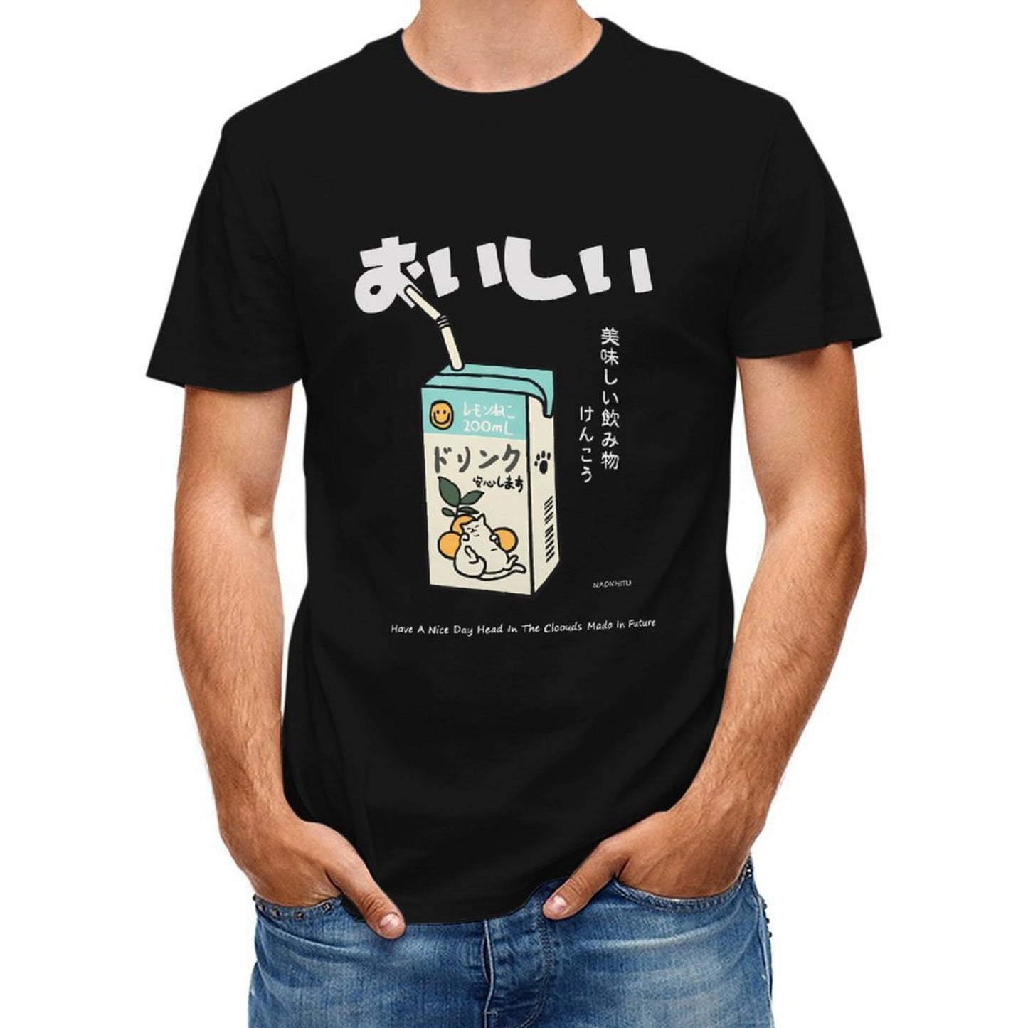 Inkmay Casual Cotton T-shirt Lemon Drink With Cat Illustration Unisex T-shirtFitted TrueStyle T-Shirt
