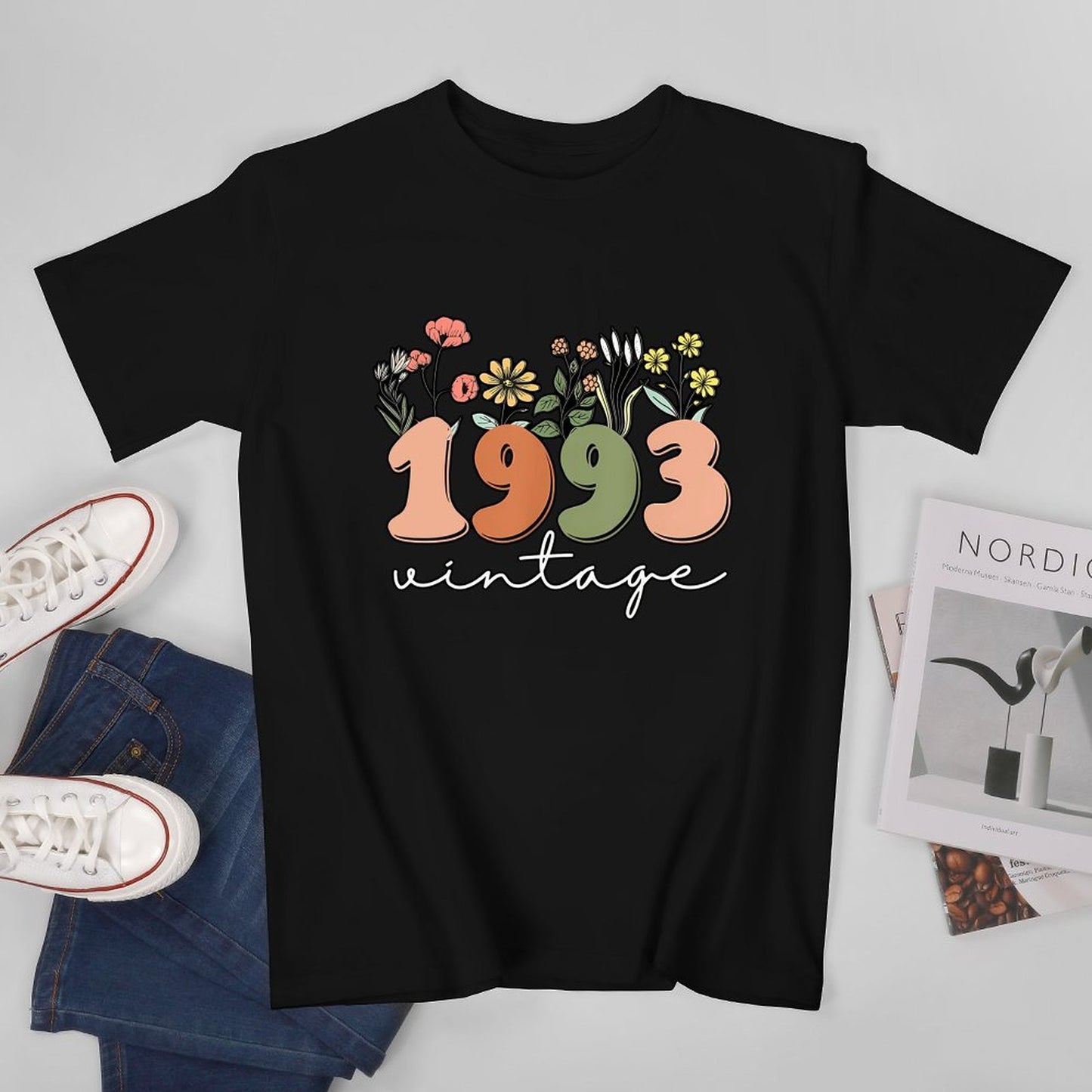 Inkmay Casual Cotton T-shirt Vintage Floral Numbers On Black Background Unisex T-shirtTrueFit Recycled T-Shirt