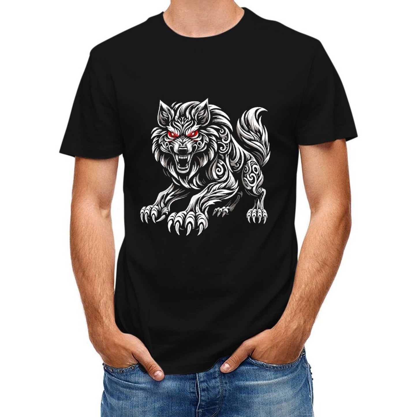 Inkmay Casual Cotton T-shirt Fierce Wolf Tribal Artwork Design Prints Unisex T-shirtNeutral On-Demand T-Shirt