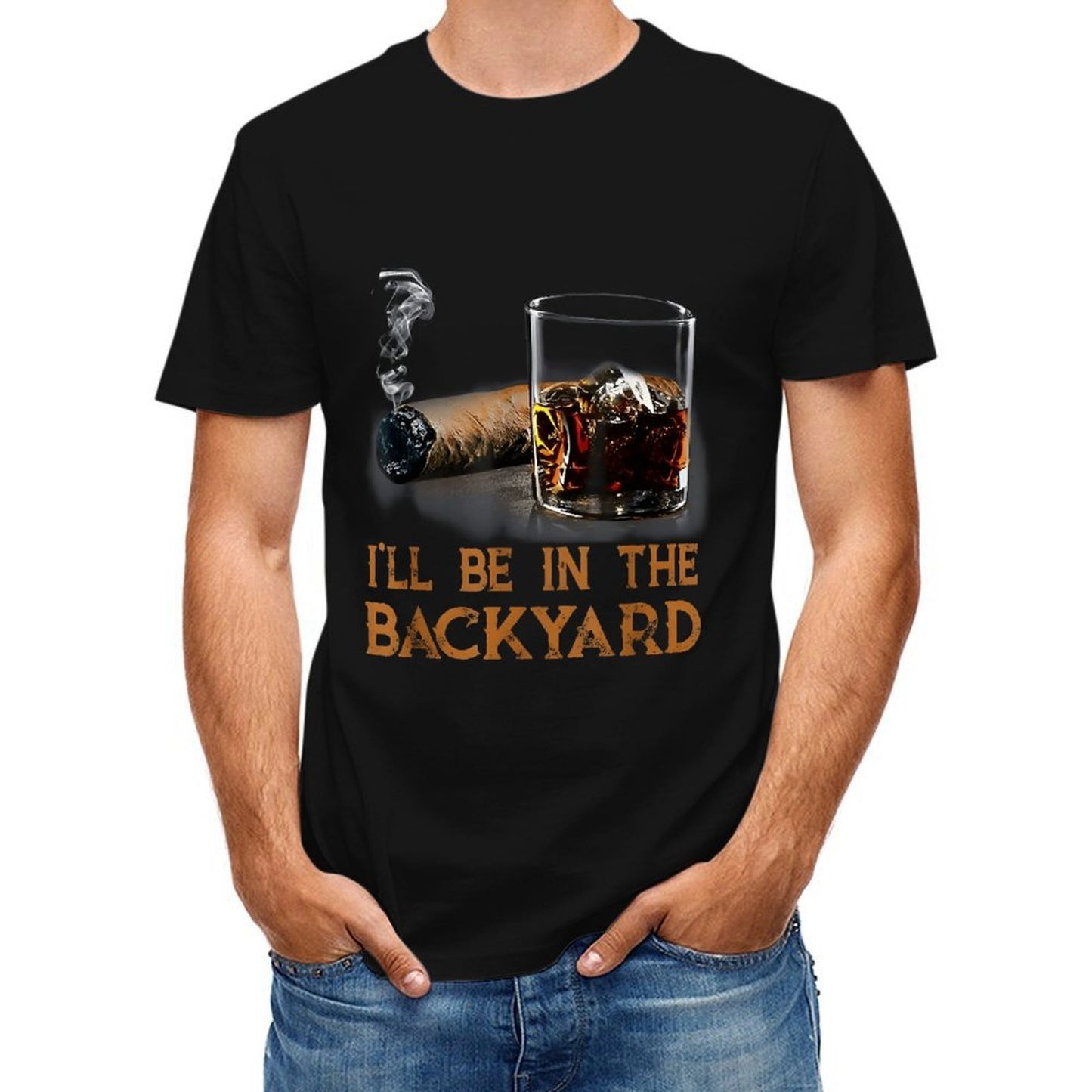 Inkmay Casual Cotton T-shirt Cigar And Whiskey Glass Displayed Unisex T-shirtDouble-Stitched Colorfast T-Shirt