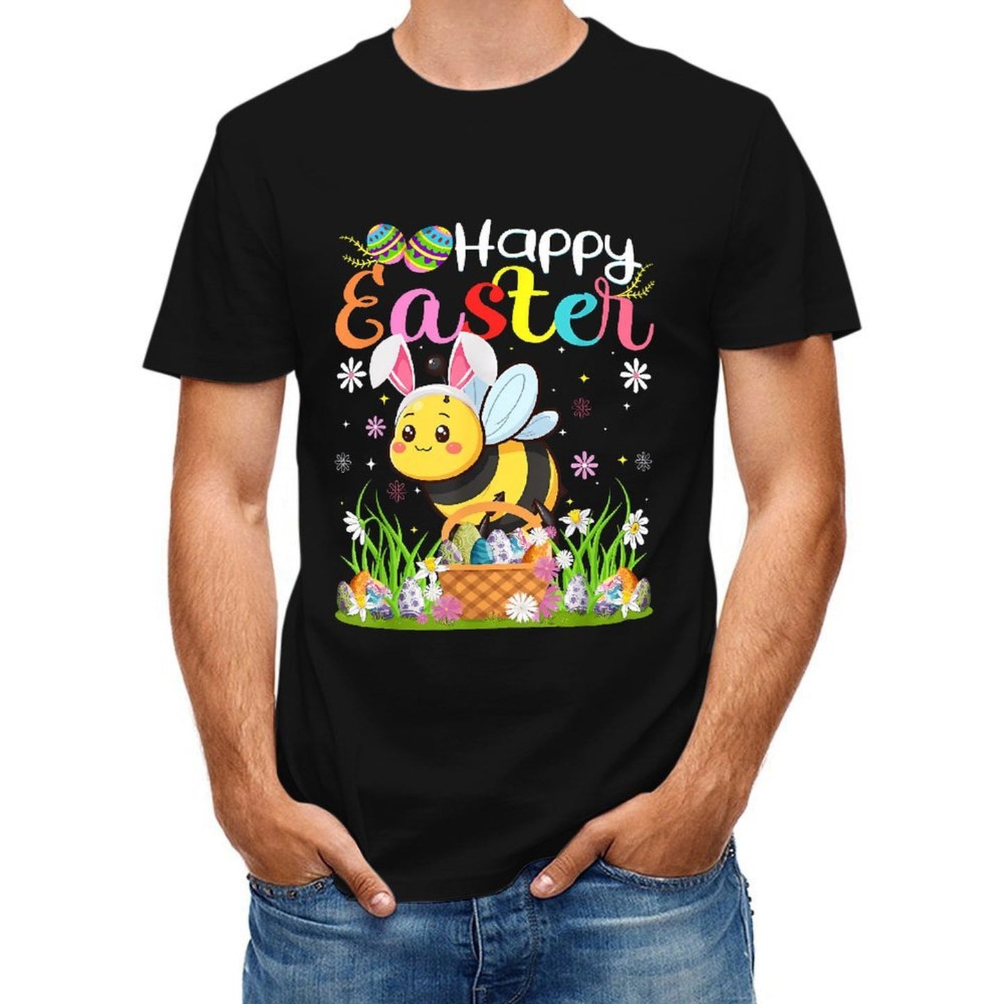 Inkmay Casual Cotton T-shirt Happy Easter Bee With Eggs Unisex T-shirtPure Classic Fit T-Shirt