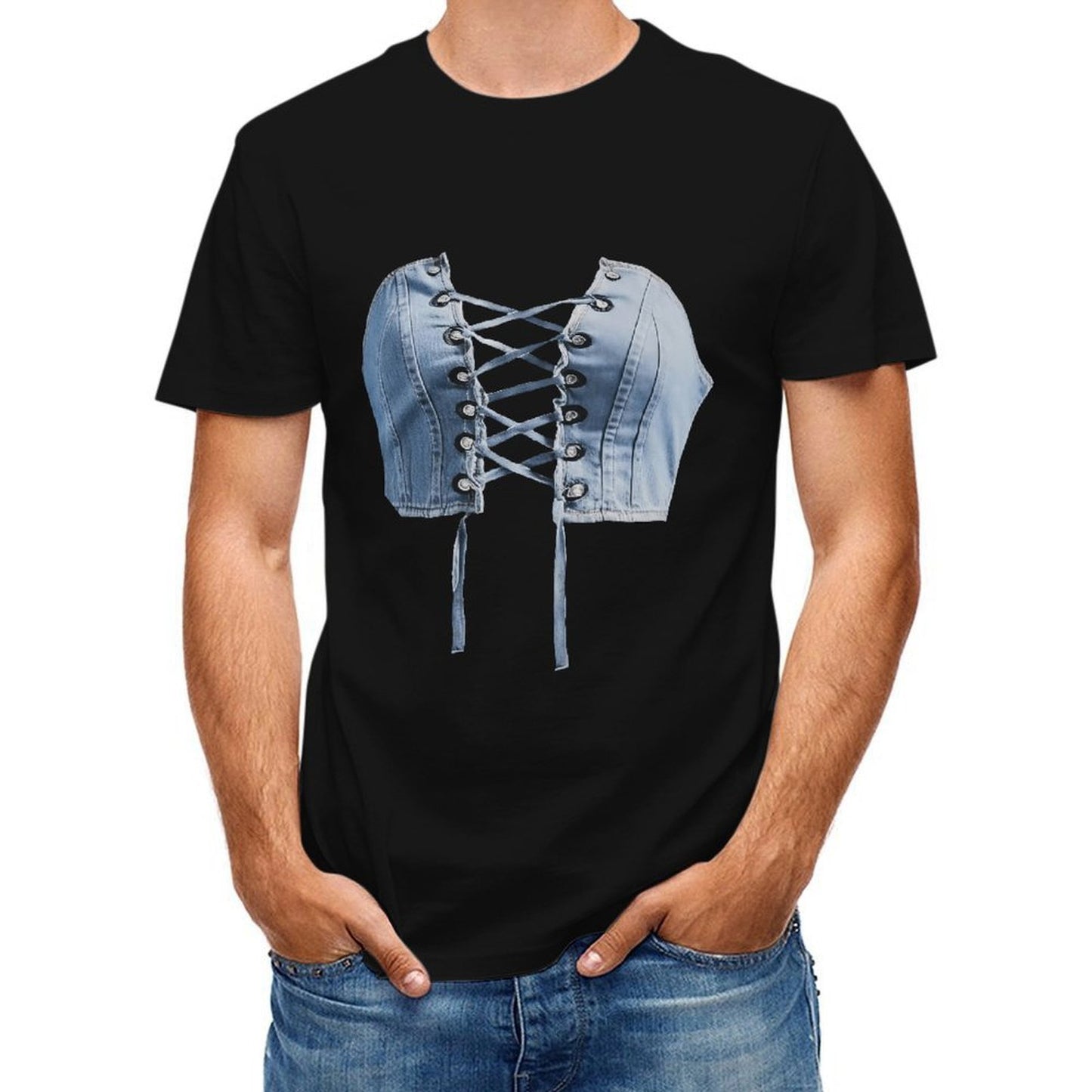 Inkmay Casual Cotton T-shirt Denim Material With Lace Up Design Unisex T-shirtShrink-Resistant Fade-Proof T-Shirt