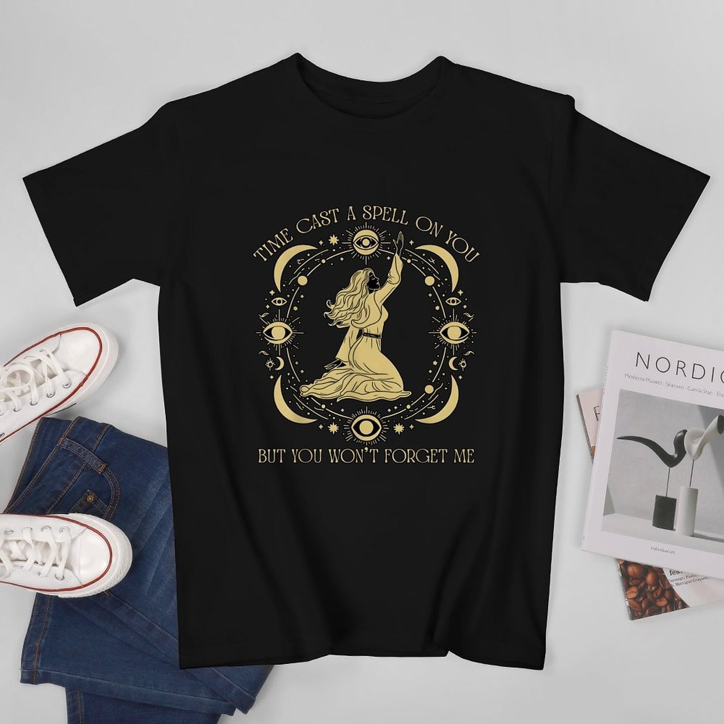 Inkmay Casual Cotton T-shirt Mystical Woman Casting Spell With Moons Unisex T-shirtCrisp Print Cotton T-Shirt