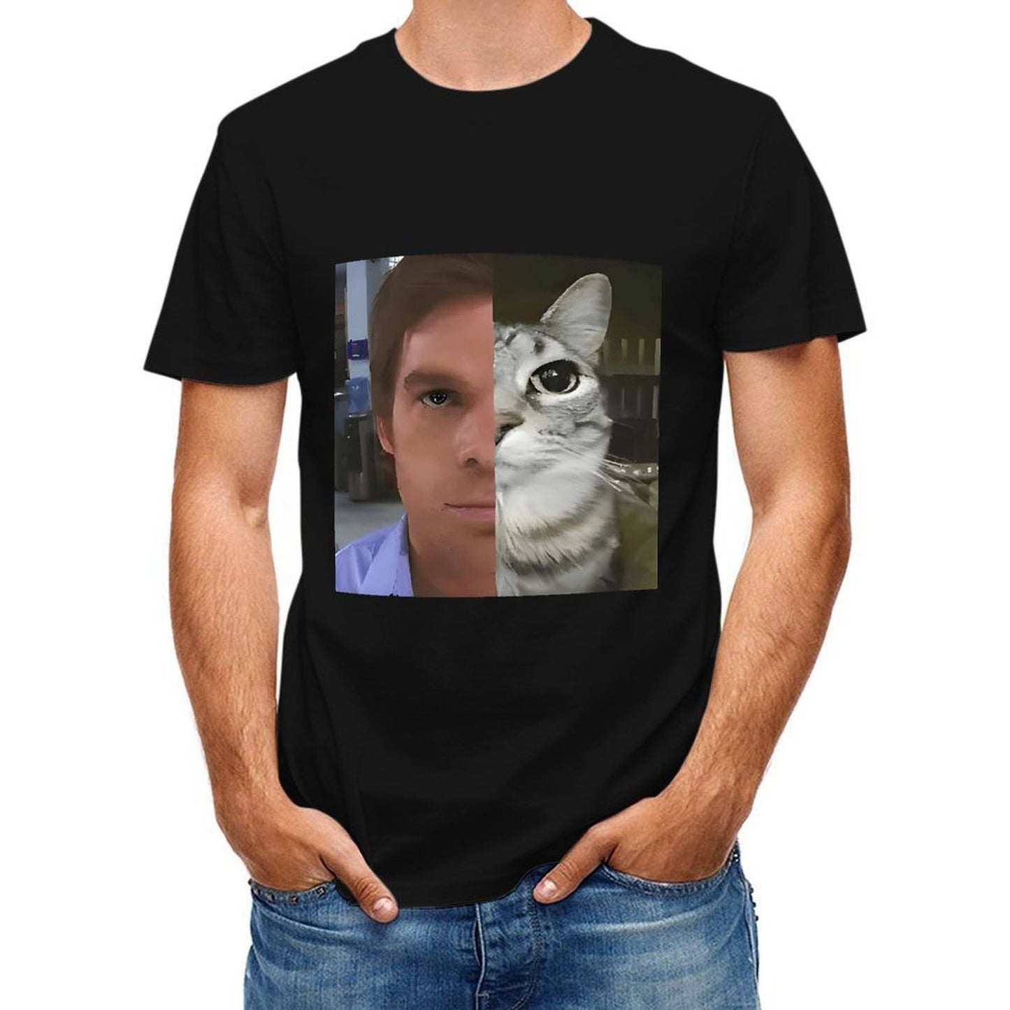 Inkmay Casual Cotton T-shirt Man And Cat Face Split Unisex T-shirtSignature Bold T-Shirt