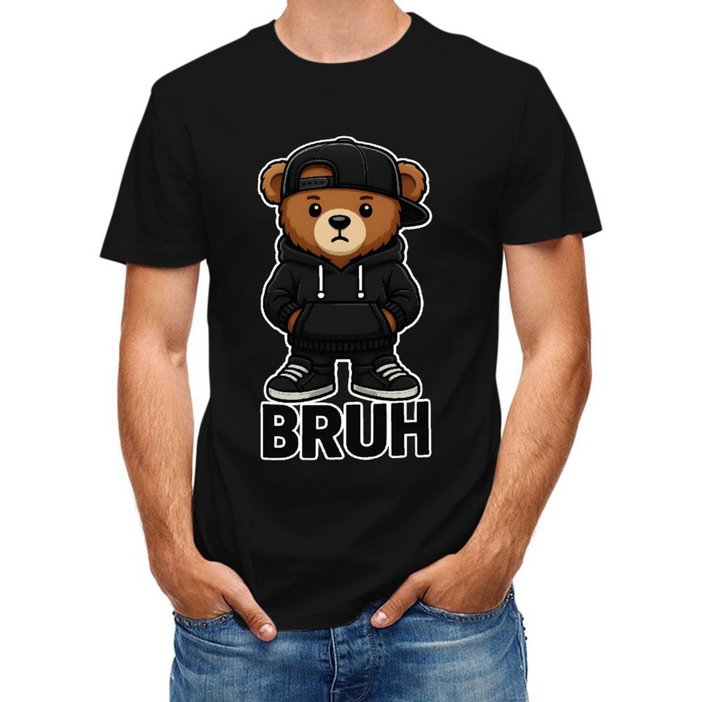 Inkmay Casual Cotton T-shirt Bruh Bear Wearing Black Streetwear Unisex T-shirtBatch-Printed ClassicLine T-Shirt