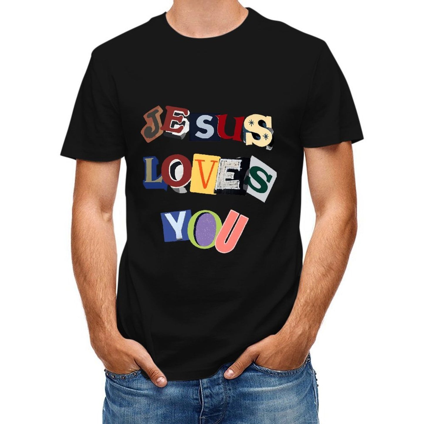 Inkmay Casual Cotton T-shirt Jesus Loves You Colorful Text Art Unisex T-shirtTrueComfort Crisp Print T-Shirt