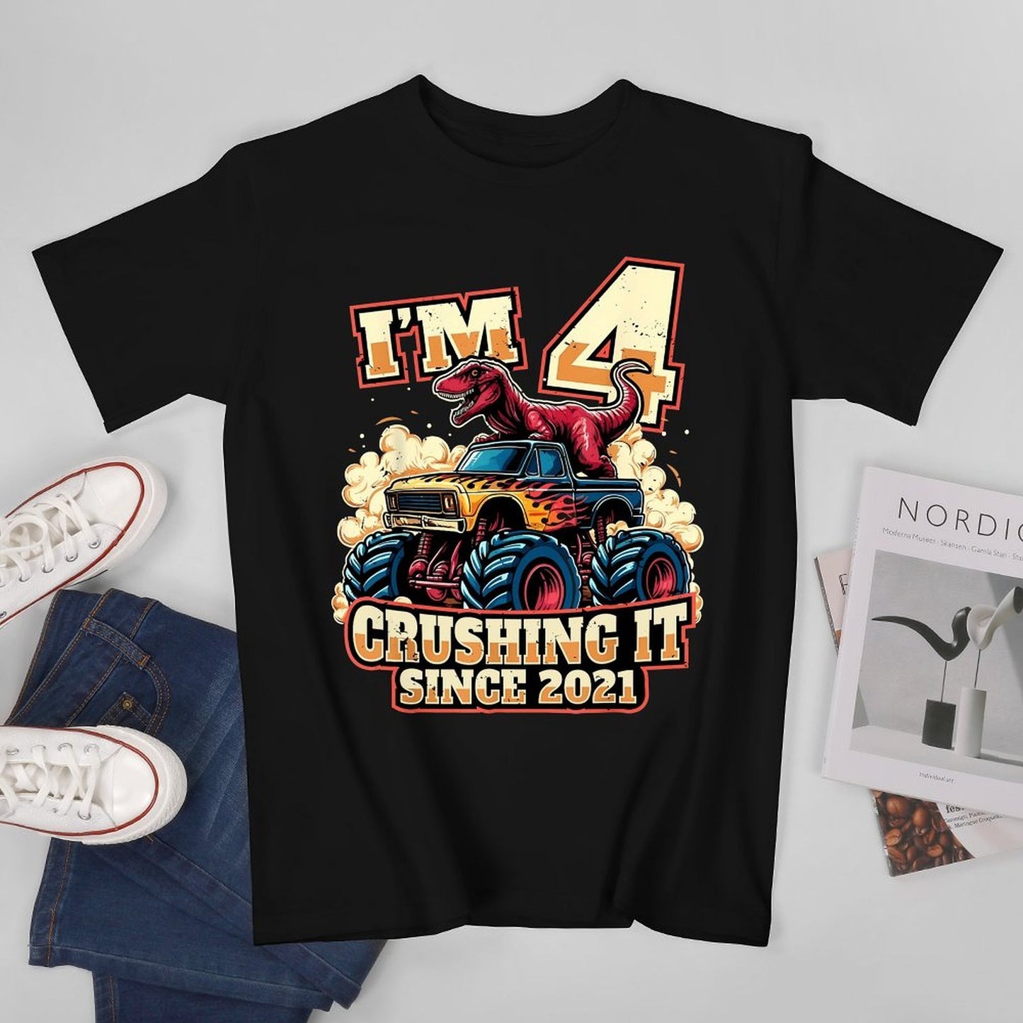 Inkmay Casual Cotton T-shirt Dinosaur Riding Monster Truck Crushing It Unisex T-shirtClassic SoftWear T-Shirt