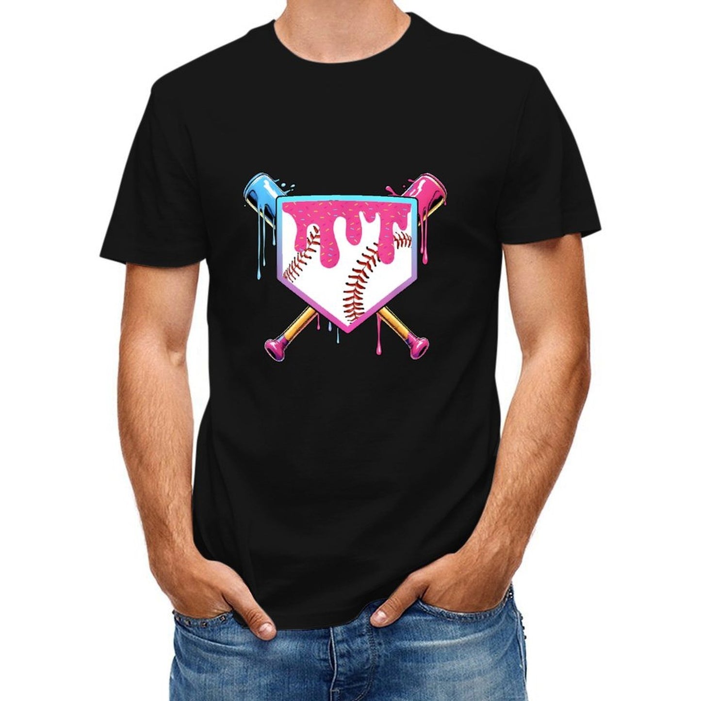 Inkmay Casual Cotton T-shirt Baseball Design With Colorful Paint Drips Unisex T-shirtSeries Printing T-Shirt