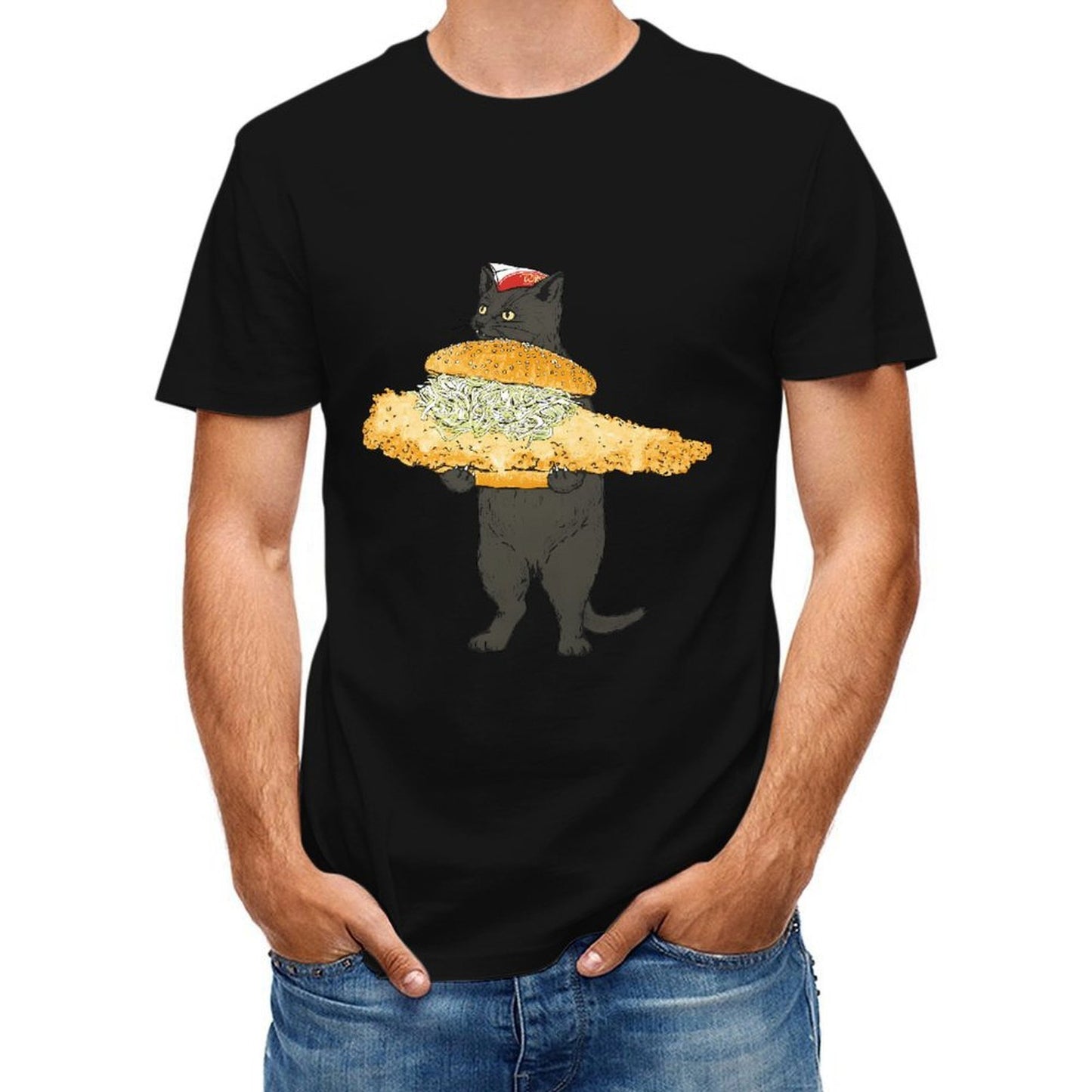 Inkmay Casual Cotton T-shirt Cat Holding Giant Sandwich With Toppings Unisex T-shirtAllSeason StreetLine T-Shirt