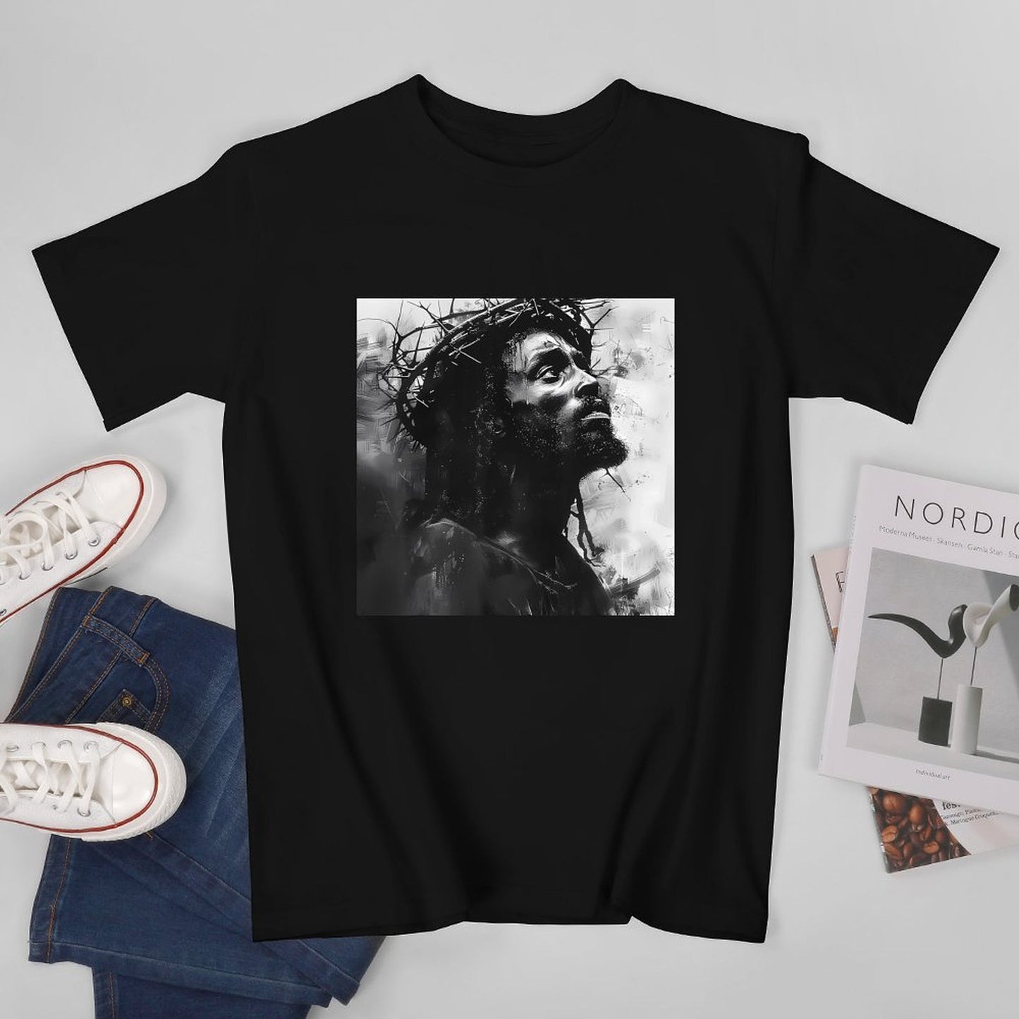 Inkmay Casual Cotton T-shirt Artistic Jesus With Crown Of Thorns Unisex T-shirtClassic Fit Crisp Print T-Shirt