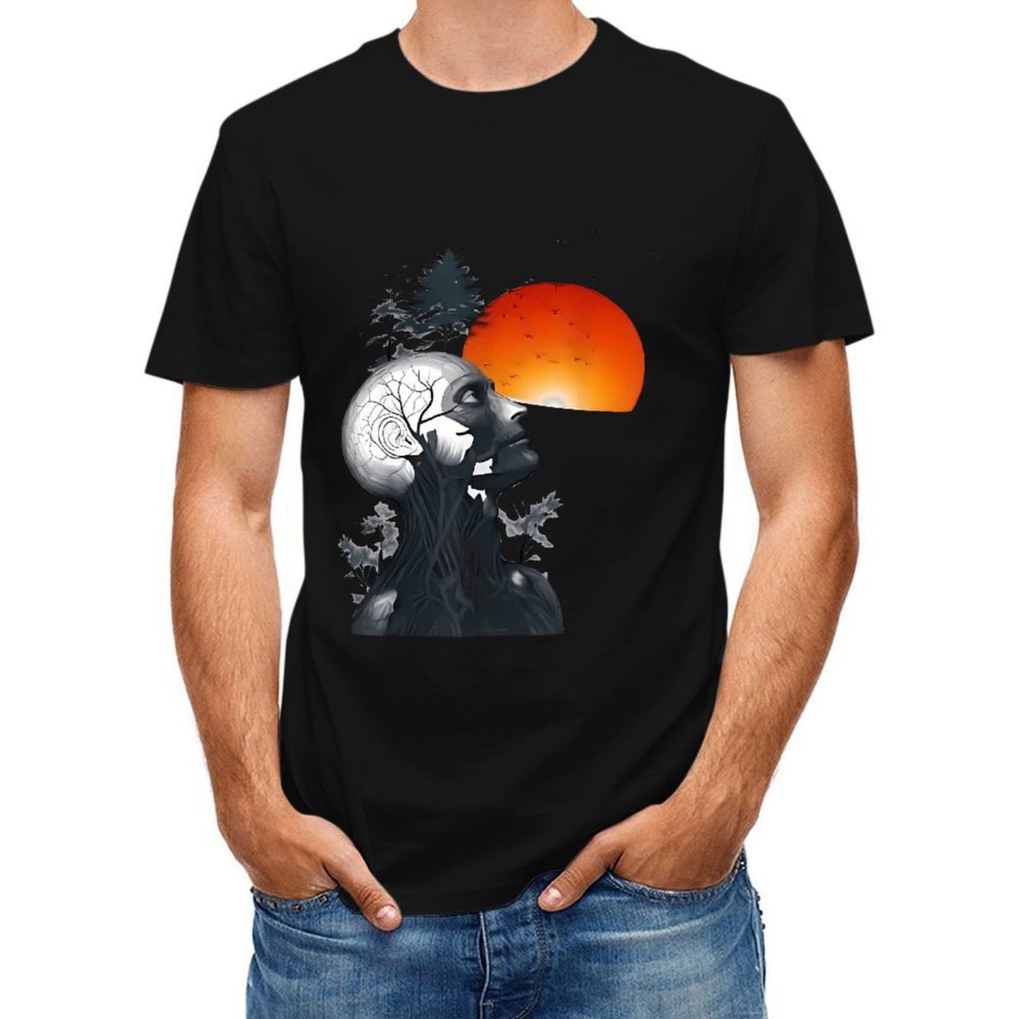 Inkmay Casual Cotton T-shirt Abstract Human Head With Nature Elements Unisex T-shirtFresh Wrinkle-Free T-Shirt
