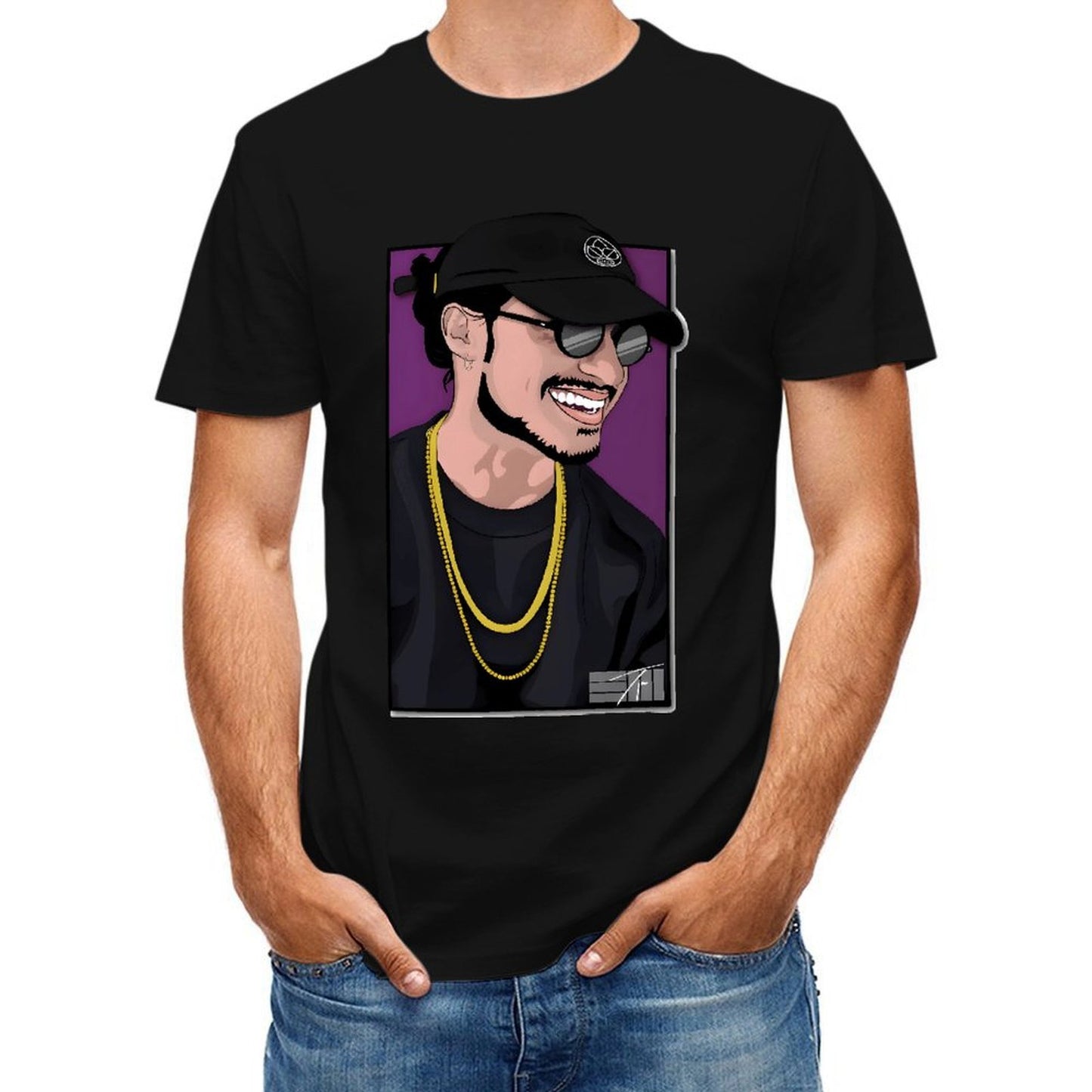 Inkmay Casual Cotton T-shirt Man Wearing Black Hat And Sunglasses Unisex T-shirtPrinting ComfortSeries T-Shirt