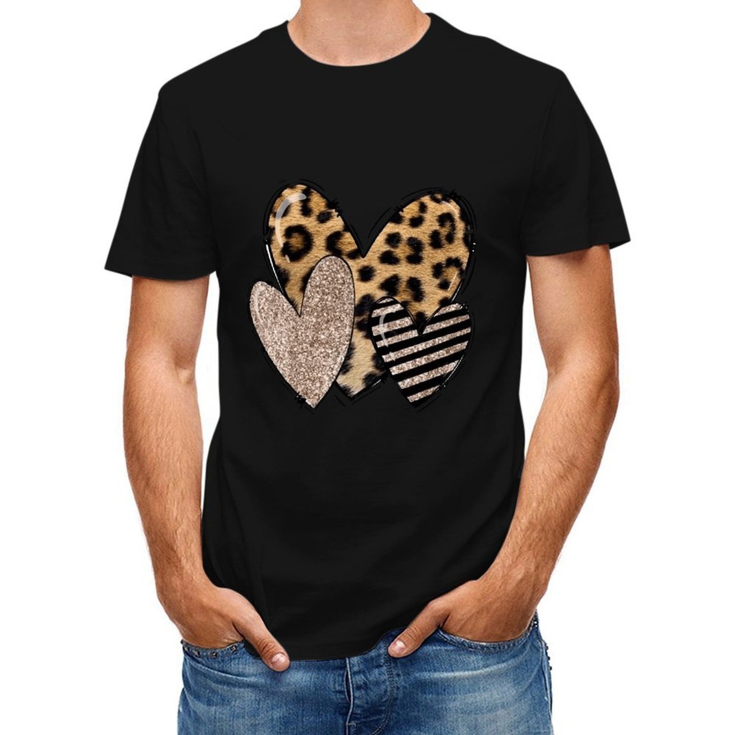 Inkmay Casual Cotton T-shirt Heart Shapes With Leopard And Glitter Unisex T-shirtSmooth Feel SimpleFit T-Shirt