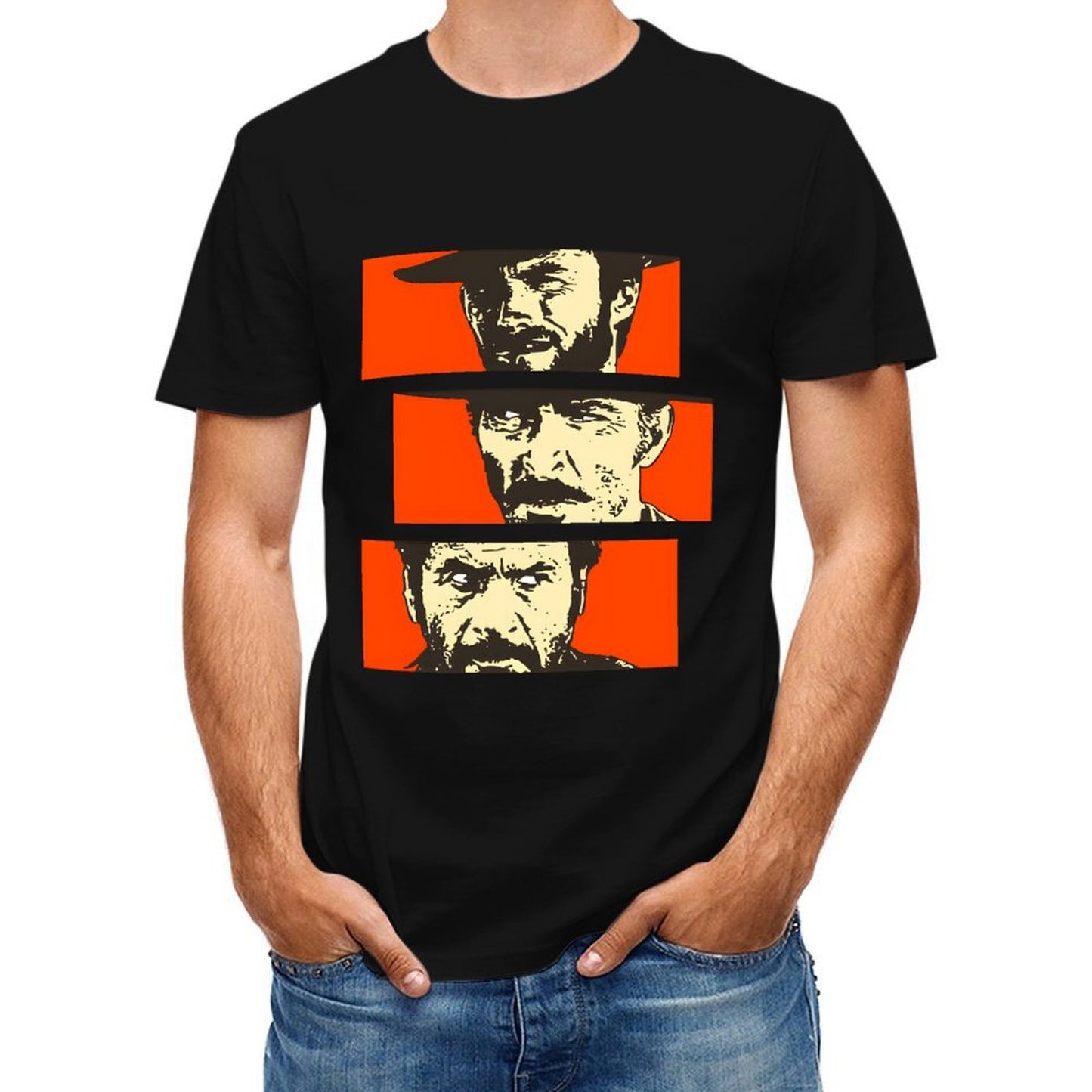 Inkmay Casual Cotton T-shirt Bold Orange Background With Face Prints Unisex T-shirtPocket Tee Relaxed T-Shirt