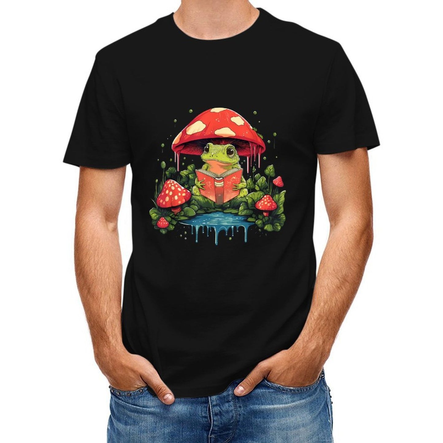 Inkmay Casual Cotton T-shirt Frog Reading Under Mushroom In Forest Unisex T-shirtMinimalist Edition T-Shirt