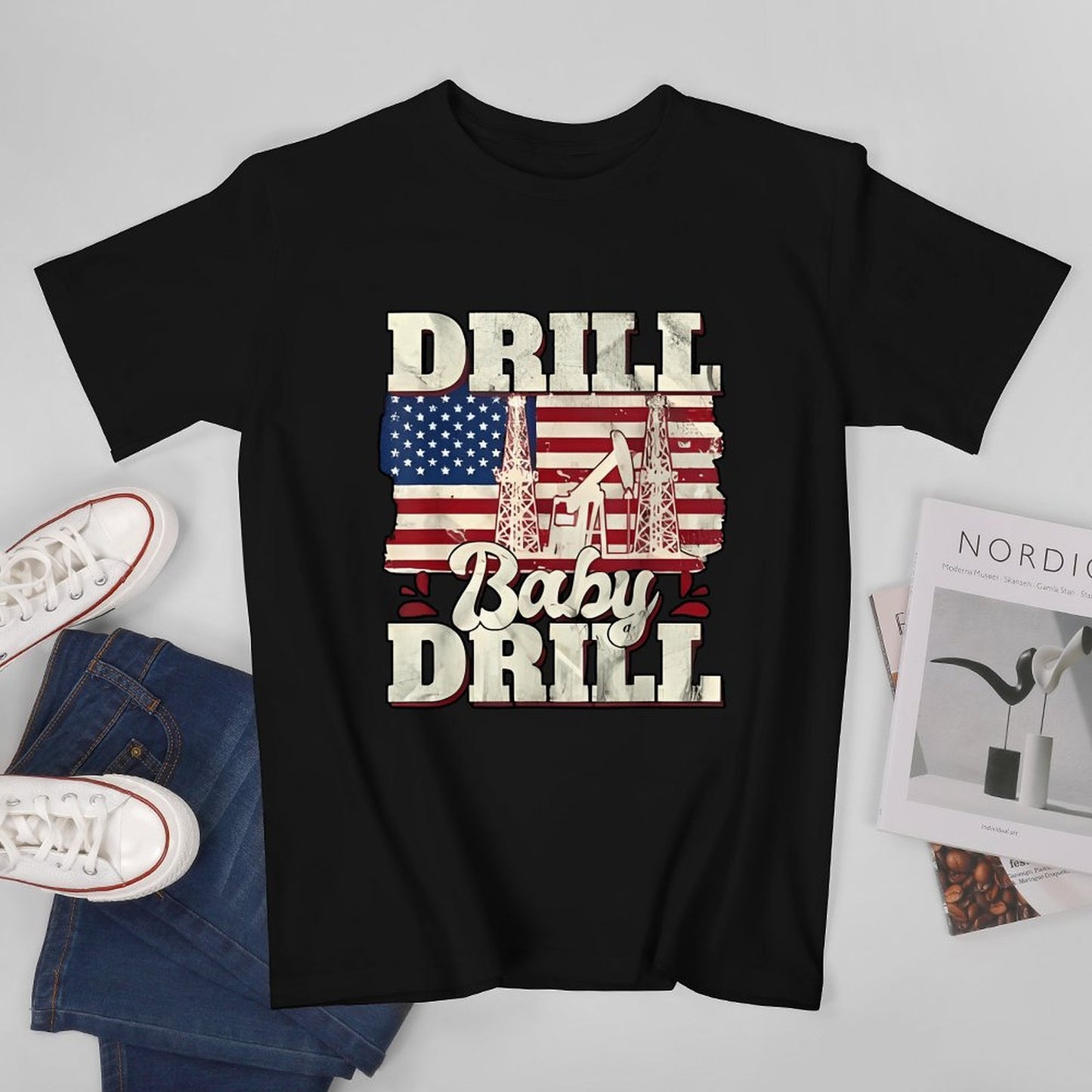 Inkmay Casual Cotton T-shirt Drill Baby Drill Usa Flag Pattern Unisex T-shirtStreetLine Fresh T-Shirt