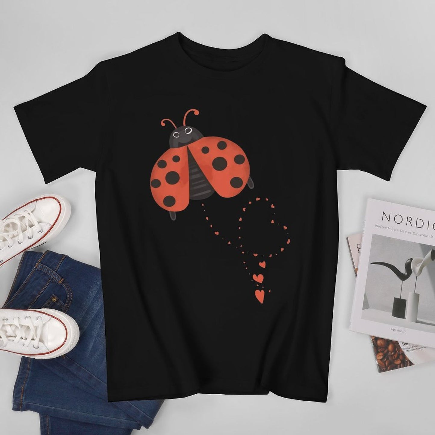 Inkmay Casual Cotton T-shirt Ladybug Pattern With Hearts And Spots Unisex T-shirtSoftWear Recycled T-Shirt
