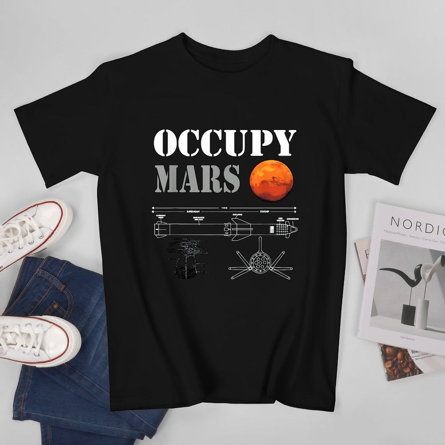 Inkmay Casual Cotton T-shirt Occupy Mars Blueprint Design Art Print Unisex T-shirtHeavyweight ActiveWear T-Shirt