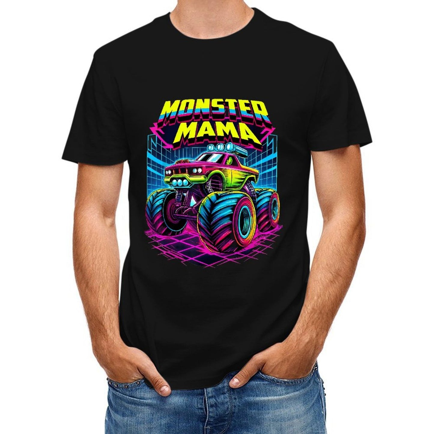 Inkmay Casual Cotton T-shirt Monster Mama Truck With Neon Wheels Unisex T-shirtYearRound ClassicSeries T-Shirt
