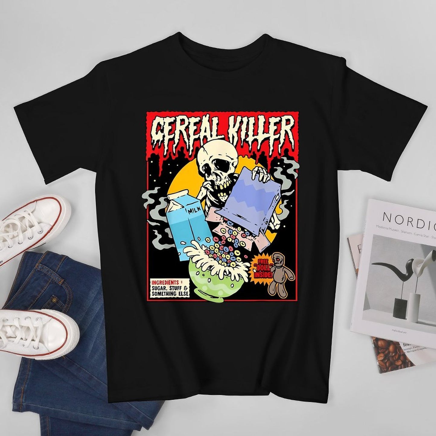 Inkmay Casual Cotton T-shirt Cereal Killer With Skull And Milk Unisex T-shirtPromotional Relaxed T-Shirt