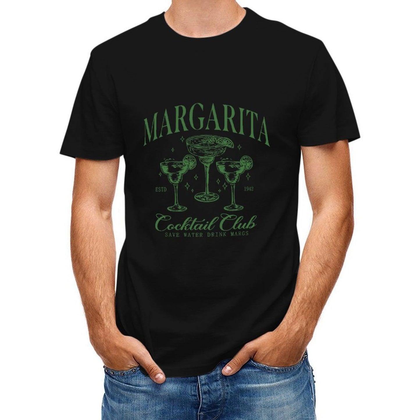 Inkmay Casual Cotton T-shirt Green Margarita Cocktail Glass Pattern Design Unisex T-shirtCrew Neck DailyFit T-Shirt