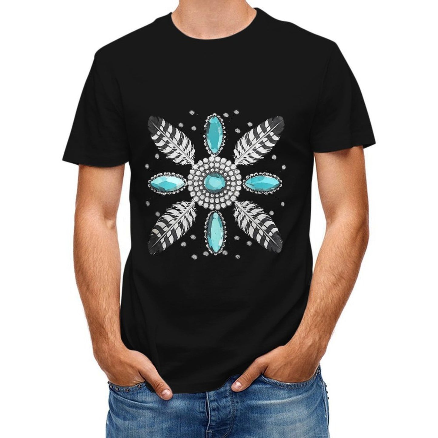 Inkmay Casual Cotton T-shirt Feather And Gemstone Pattern Design Artwork Unisex T-shirt
