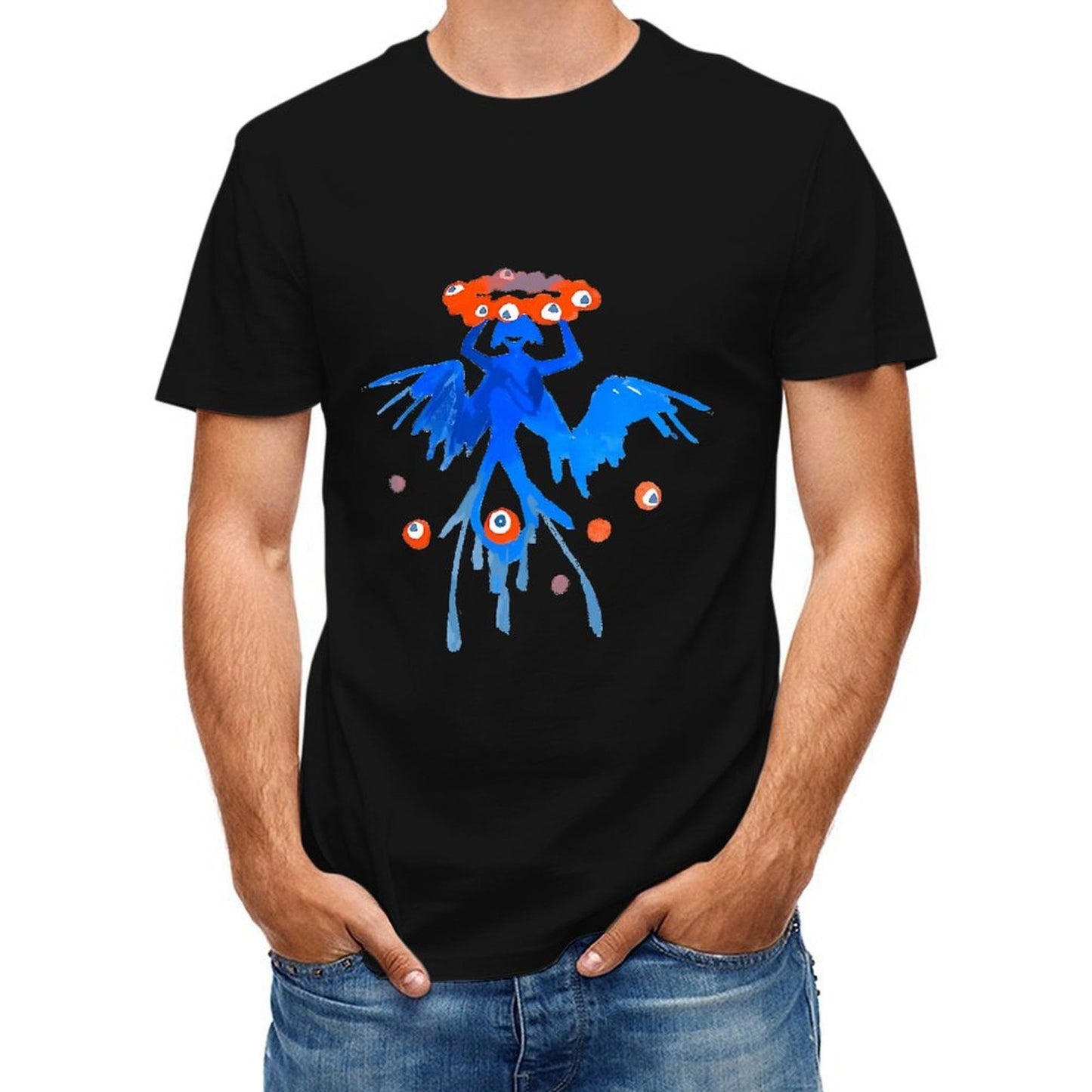 Inkmay Casual Cotton T-shirt Blue Creature With Orange Eyes Pattern Unisex T-shirtEverydayFit Natural T-Shirt