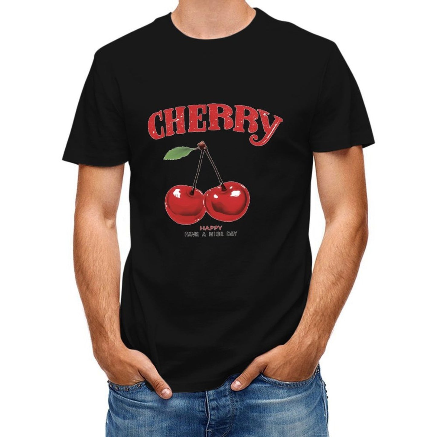 Inkmay Casual Cotton T-shirt Cherry Happy Have A Nice Day Unisex T-shirtPerformance 100% Cotton T-Shirt