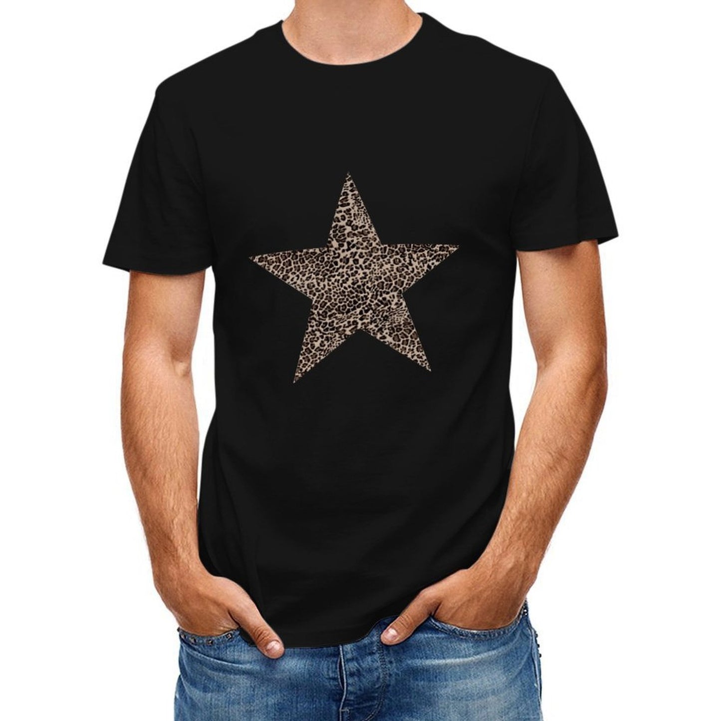 Inkmay Casual Cotton T-shirt Leopard Print Star On Striped Background Unisex T-shirtSmooth Feel Plain T-Shirt